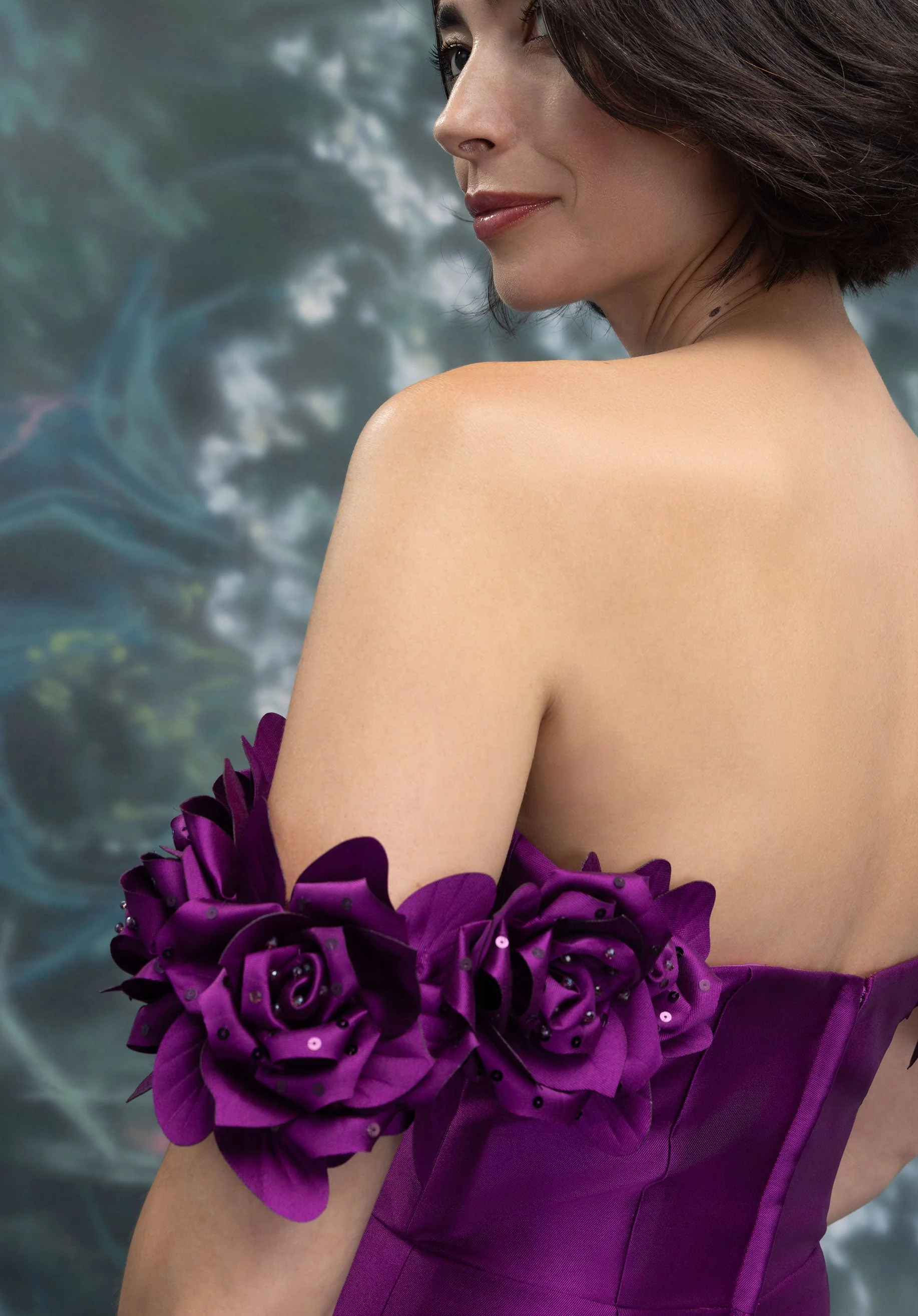 3D Floral Off The Shoulder Mikado Mermaid Evening Gown - Image 3
