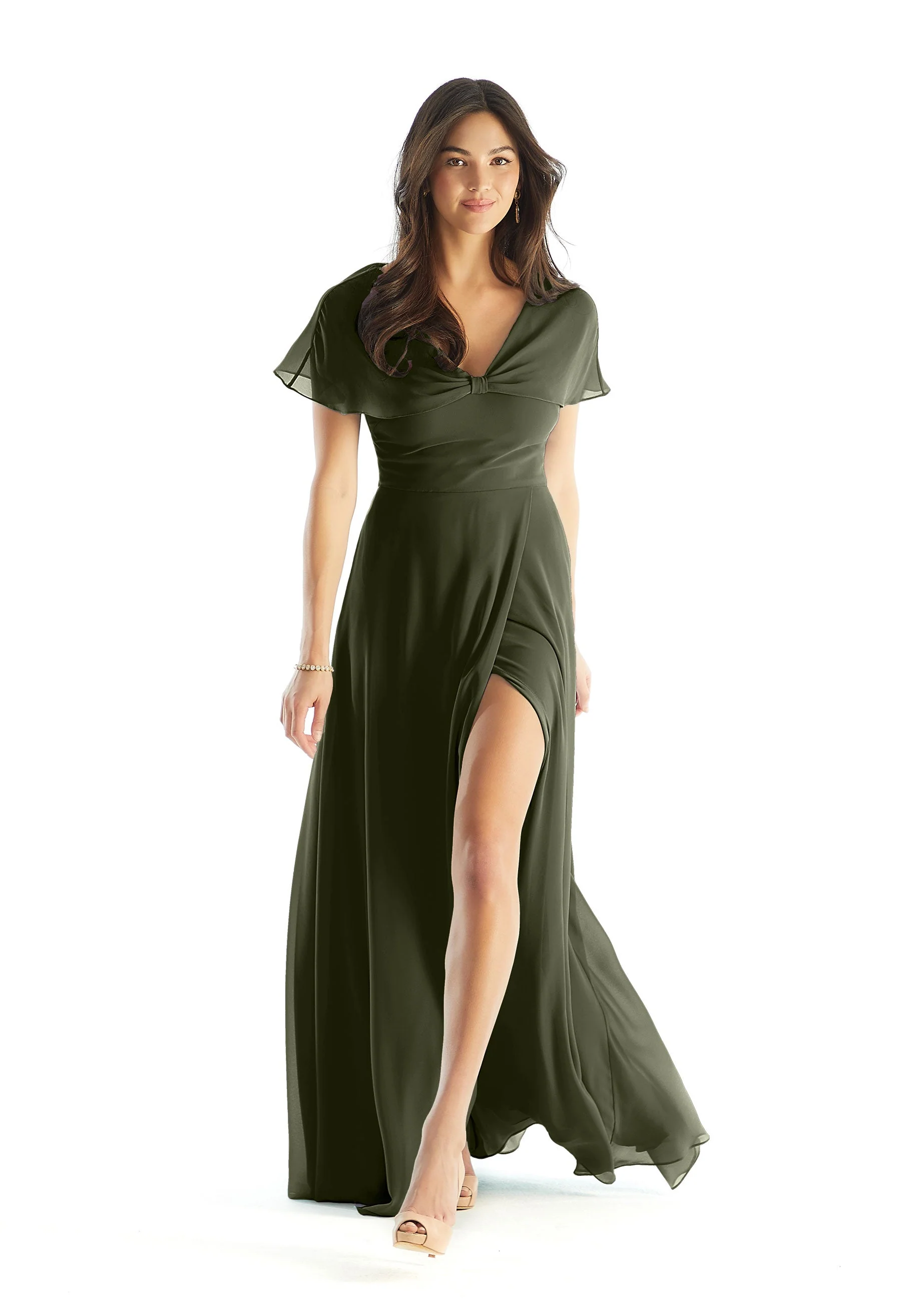 A-line Chiffon Bridesmaid Dress with Capelet Sleeves - Image 29