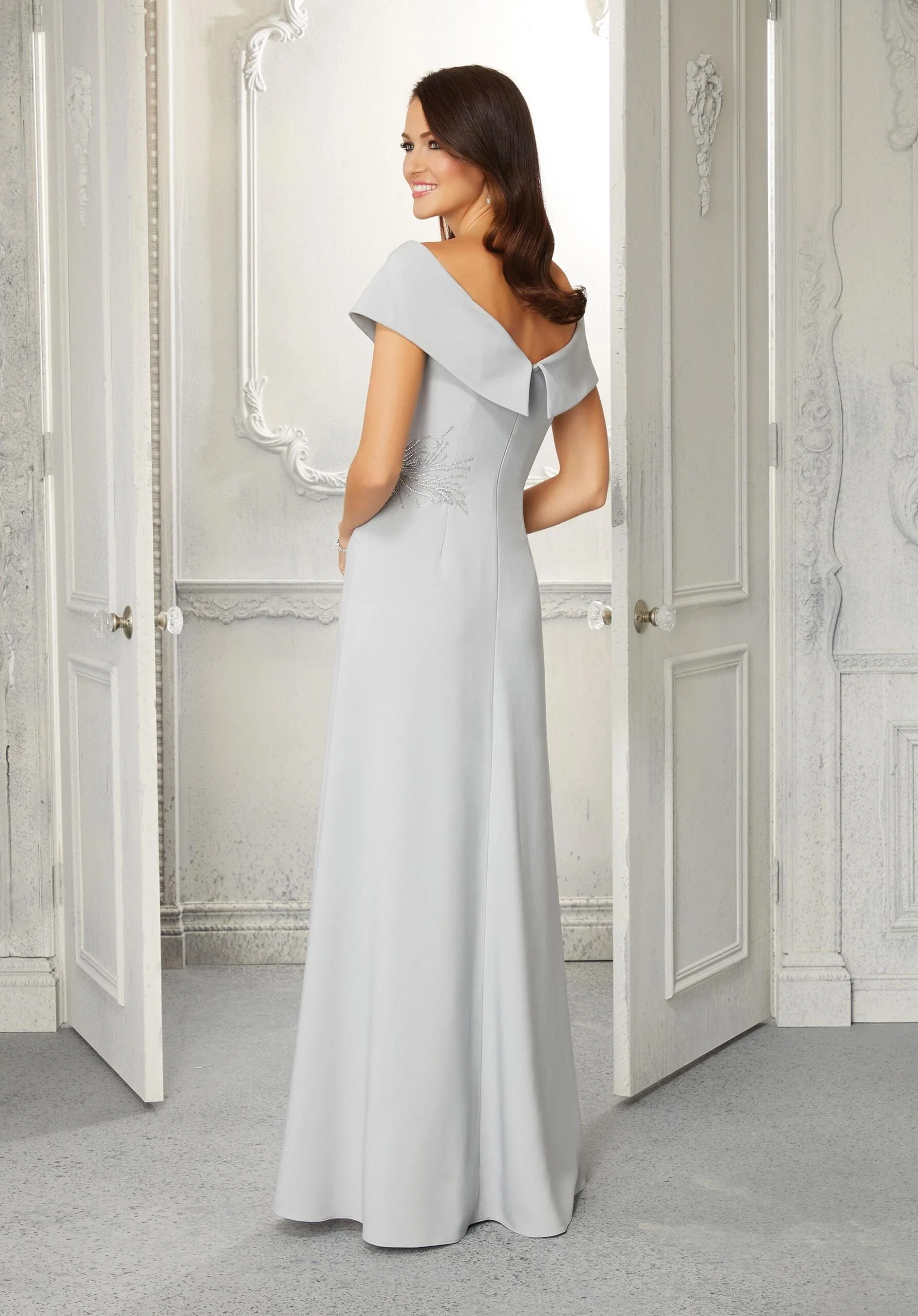 A-Line Evening Gown in Crepe with Front Slit - Image 5