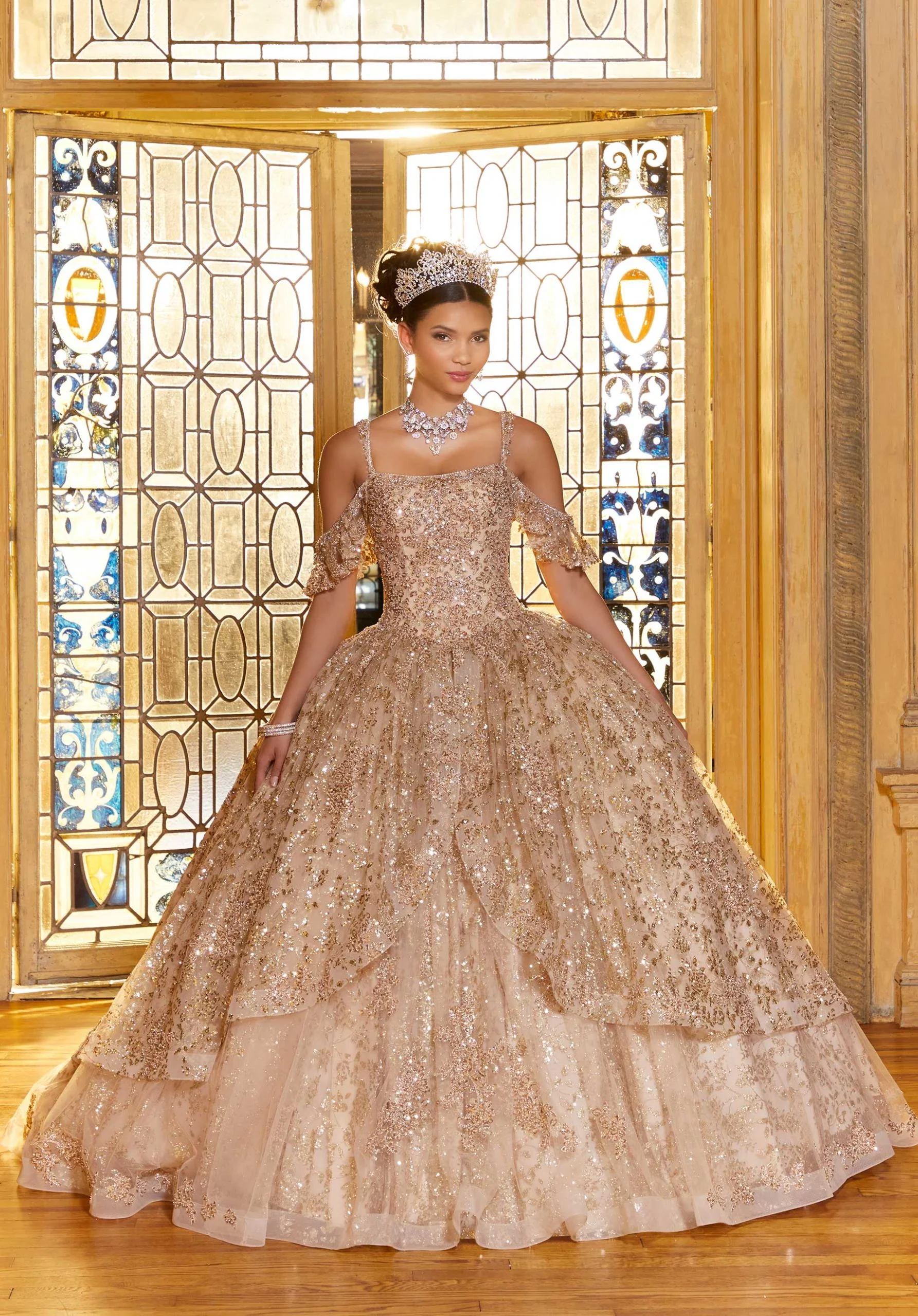 Allover Patterned Sequined Quinceañera Dress