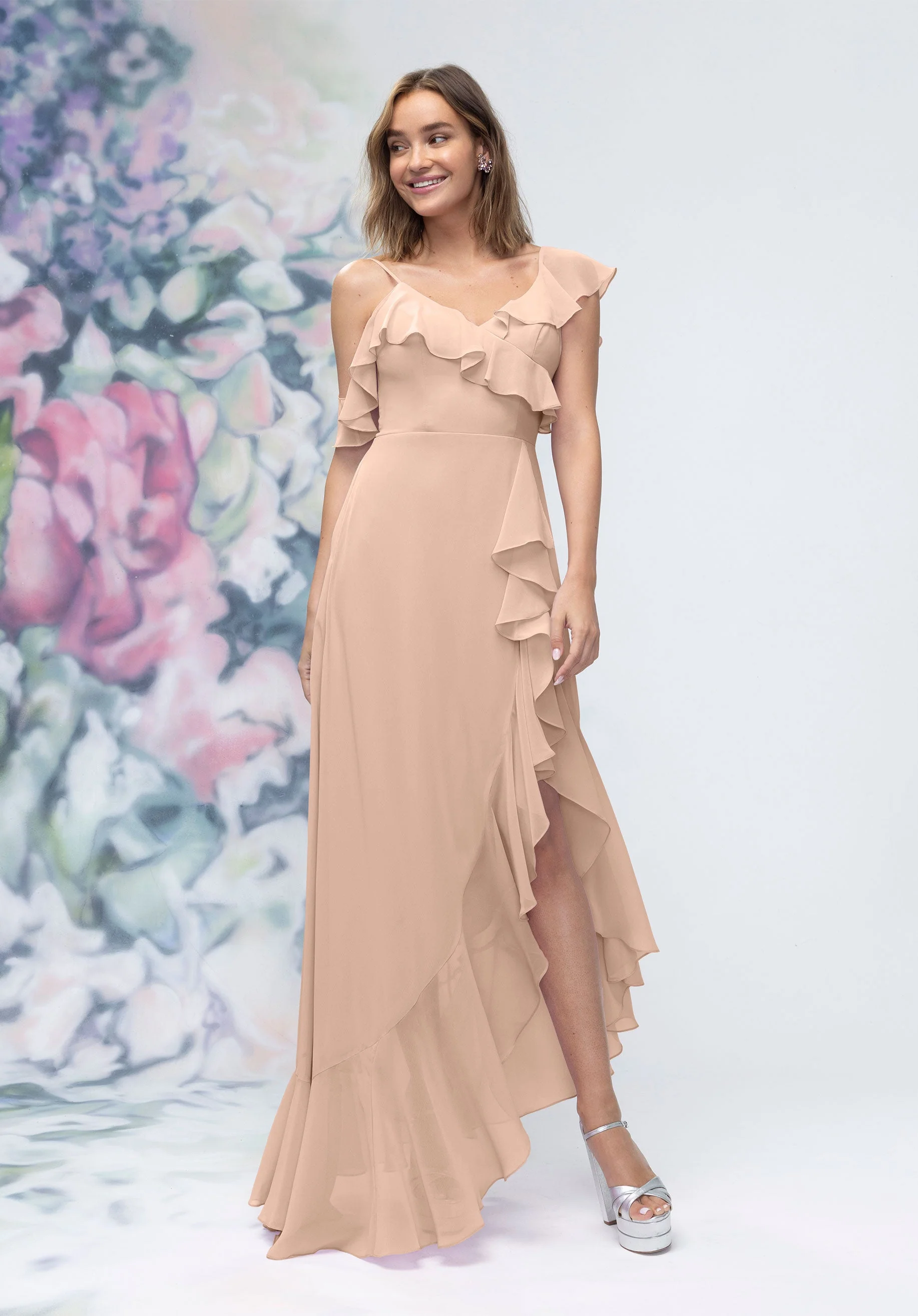 Asymmetrical Cascading Ruffle Chiffon Bridesmaid Dress - Image 32