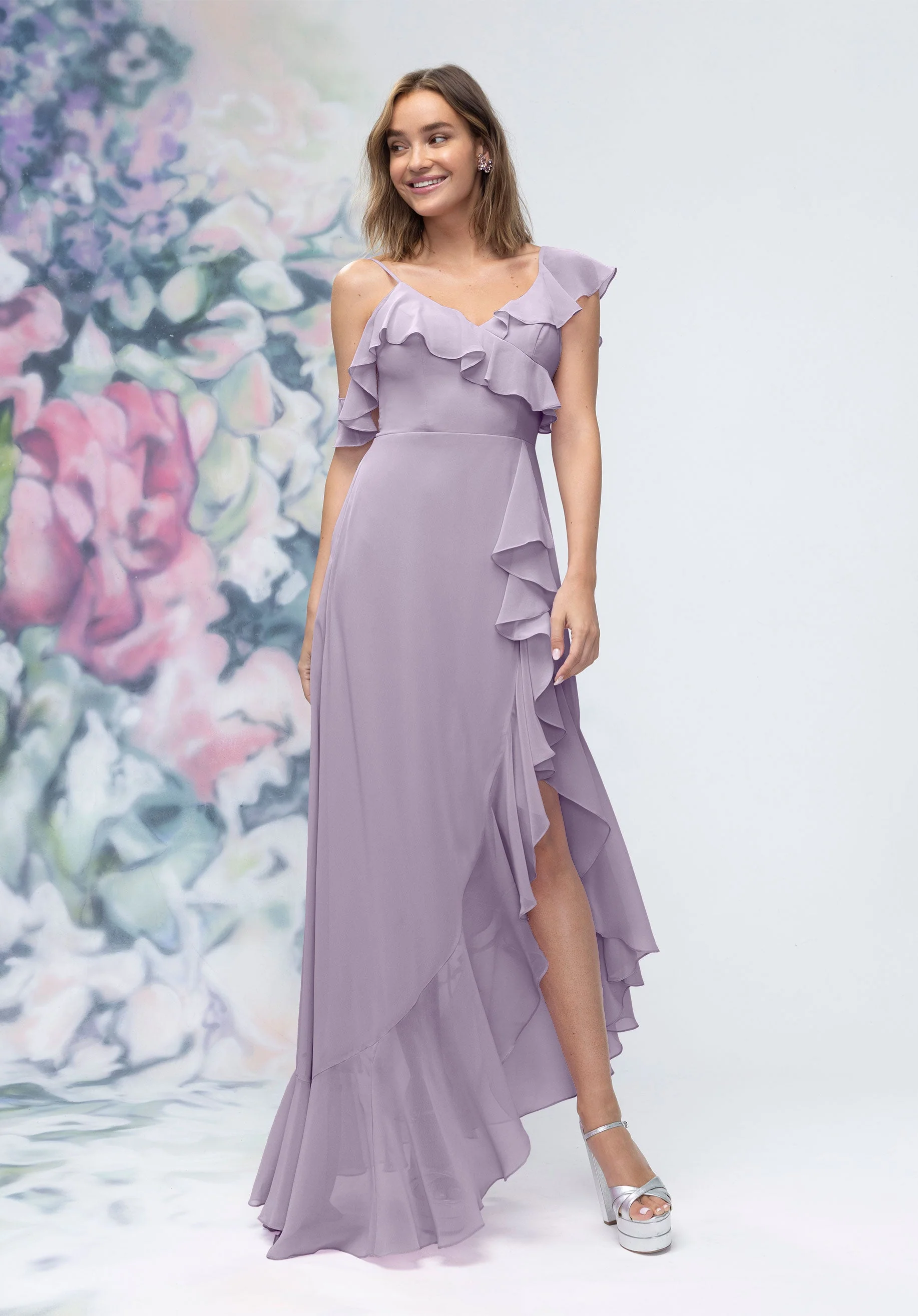 Asymmetrical Cascading Ruffle Chiffon Bridesmaid Dress - Image 55