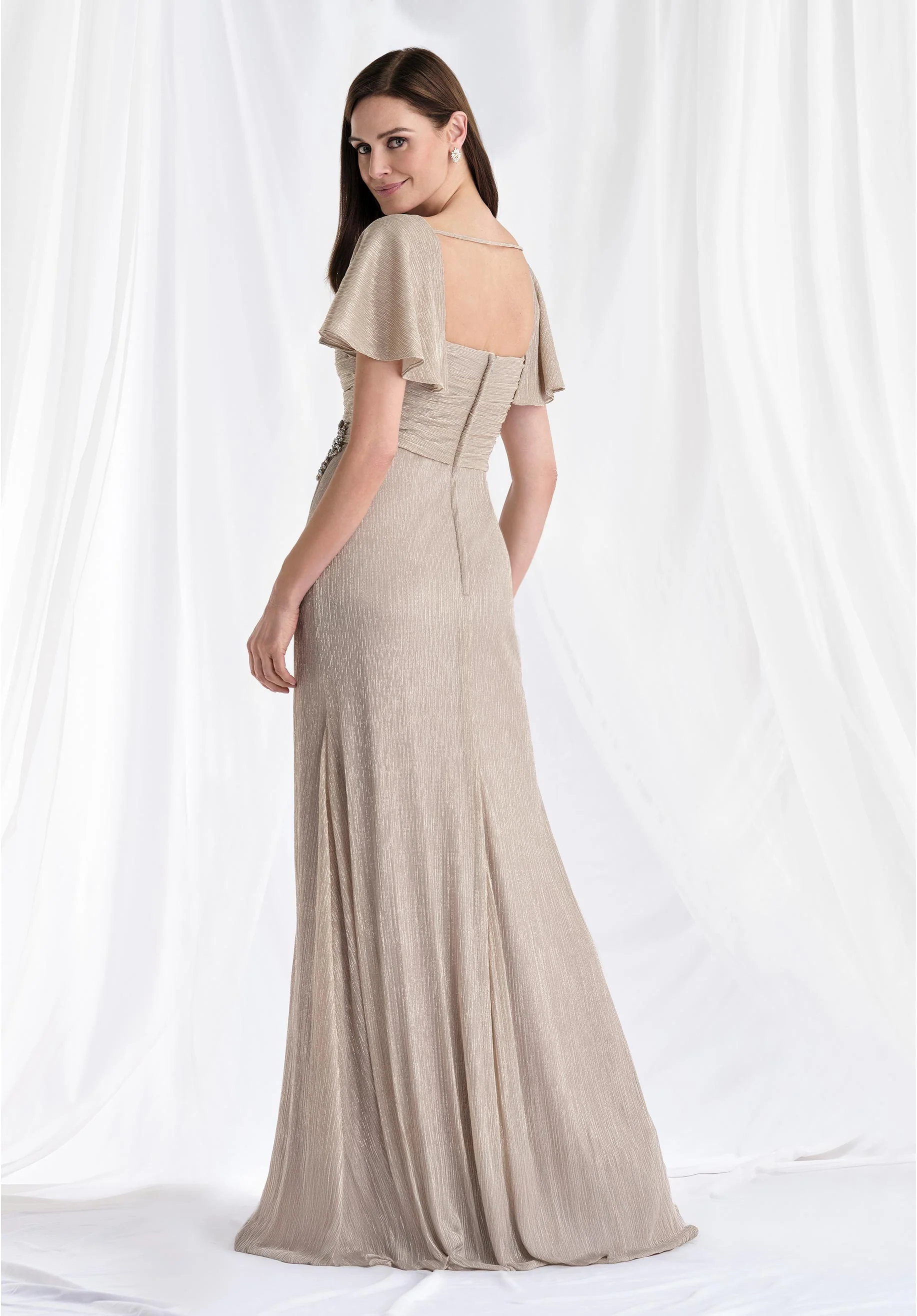 Asymmetrically Draped Metallic Knit Evening Gown with Flutter Sleeves - Image 8