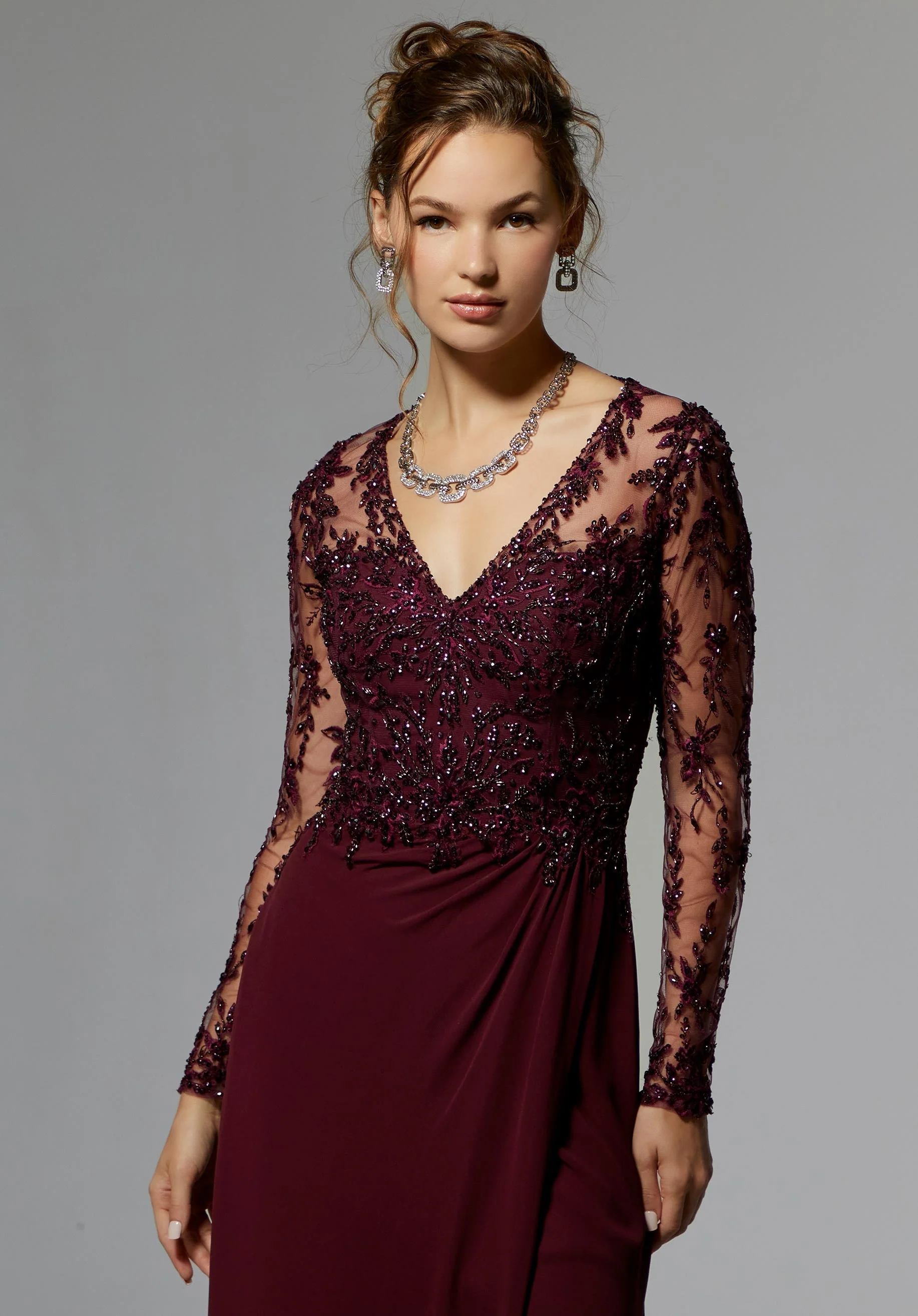 Beaded Embroidered Long Sleeve Evening Gown with Chiffon Skirt - Image 4