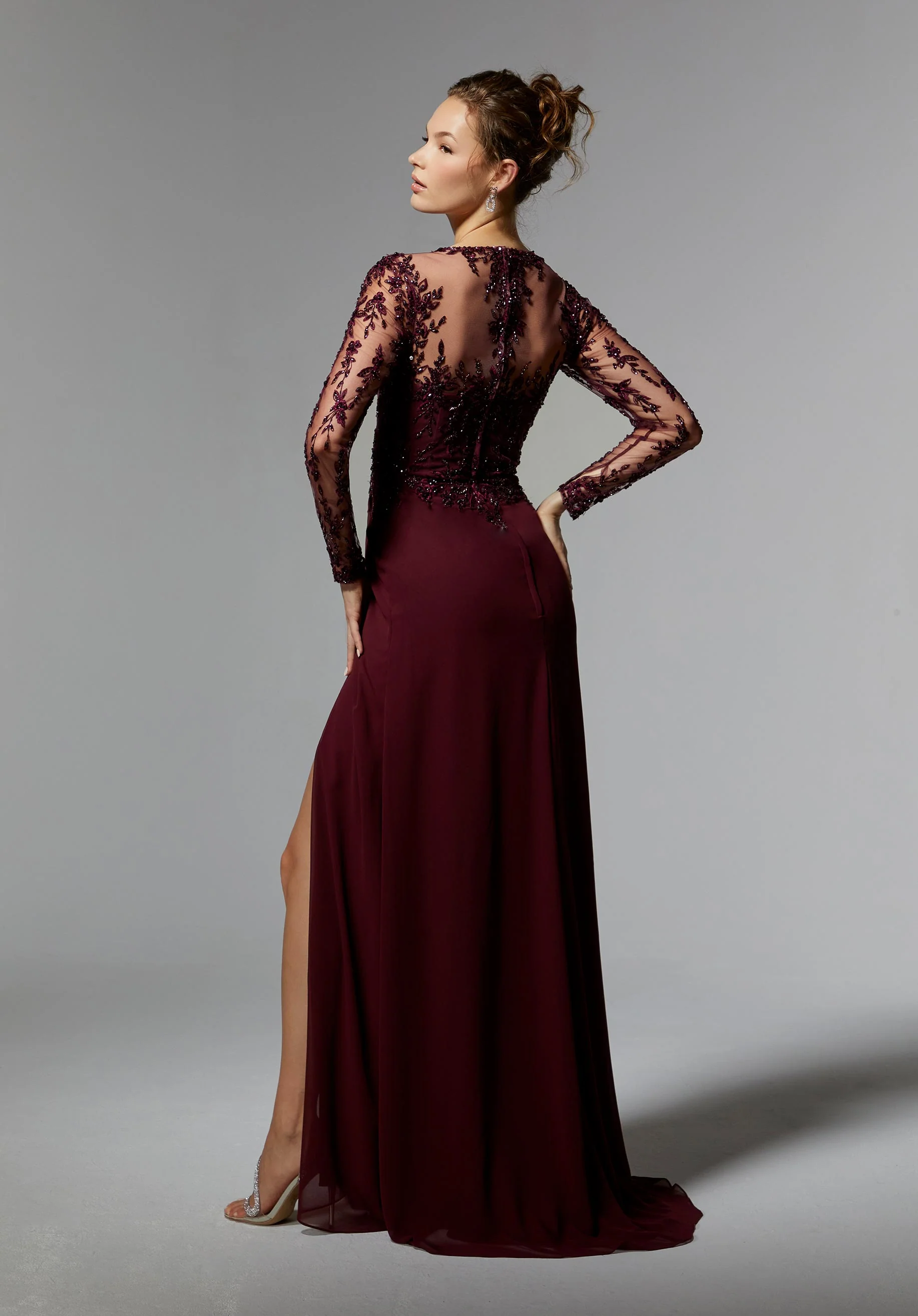 Beaded Embroidered Long Sleeve Evening Gown with Chiffon Skirt - Image 5