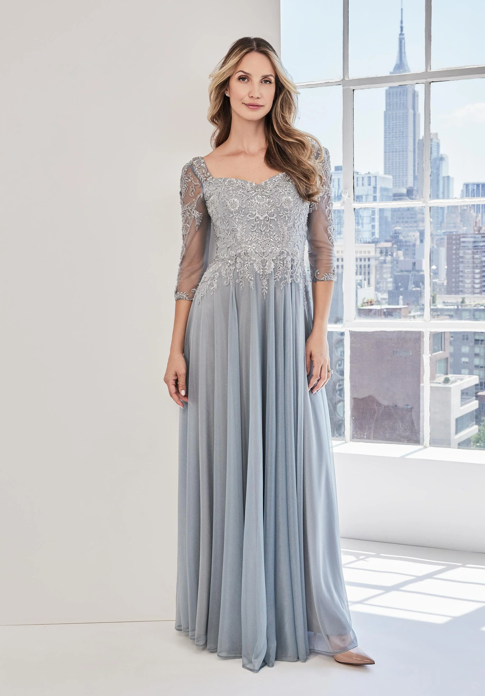 Beaded Embroidered Metallic Mesh A-line Evening Gown - Image 4