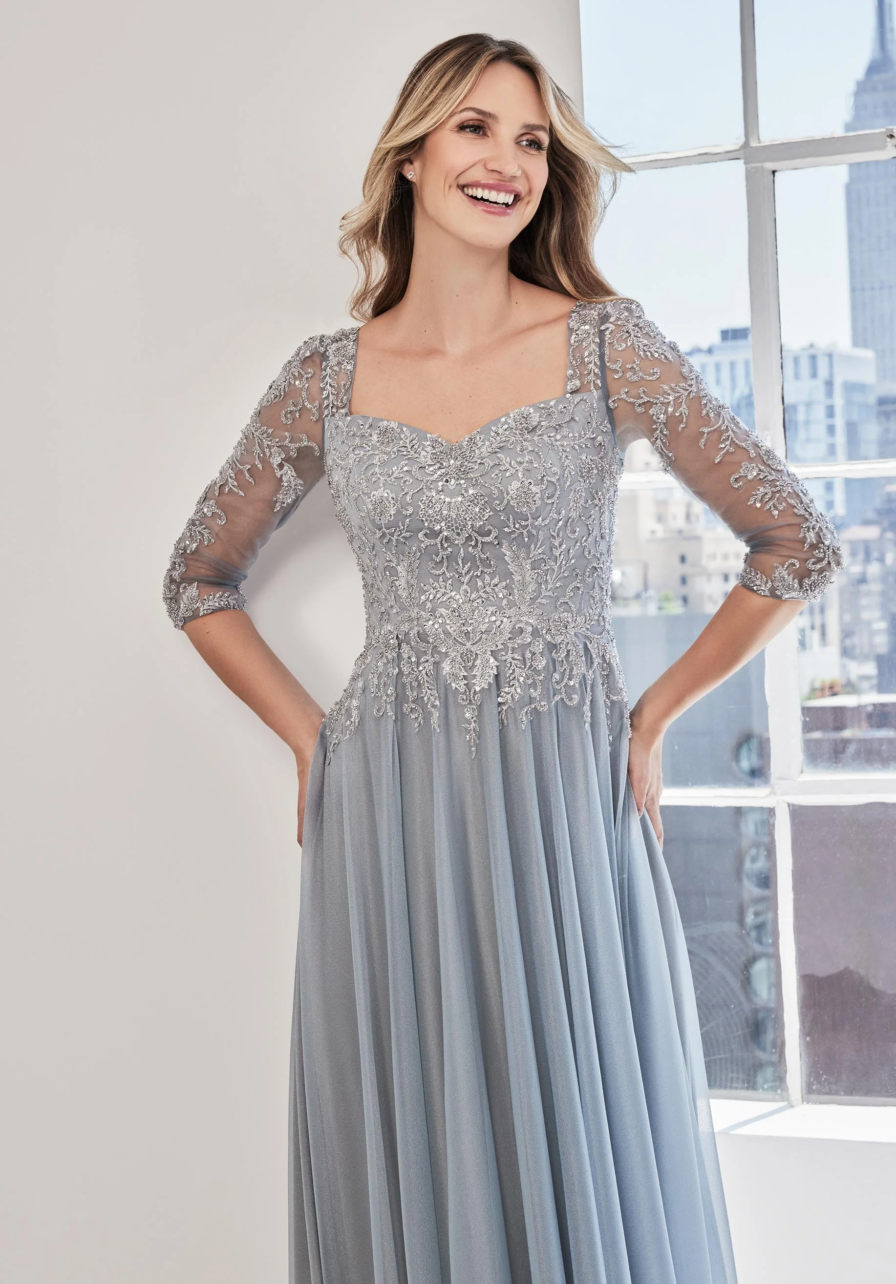 Beaded Embroidered Metallic Mesh A-line Evening Gown - Image 5