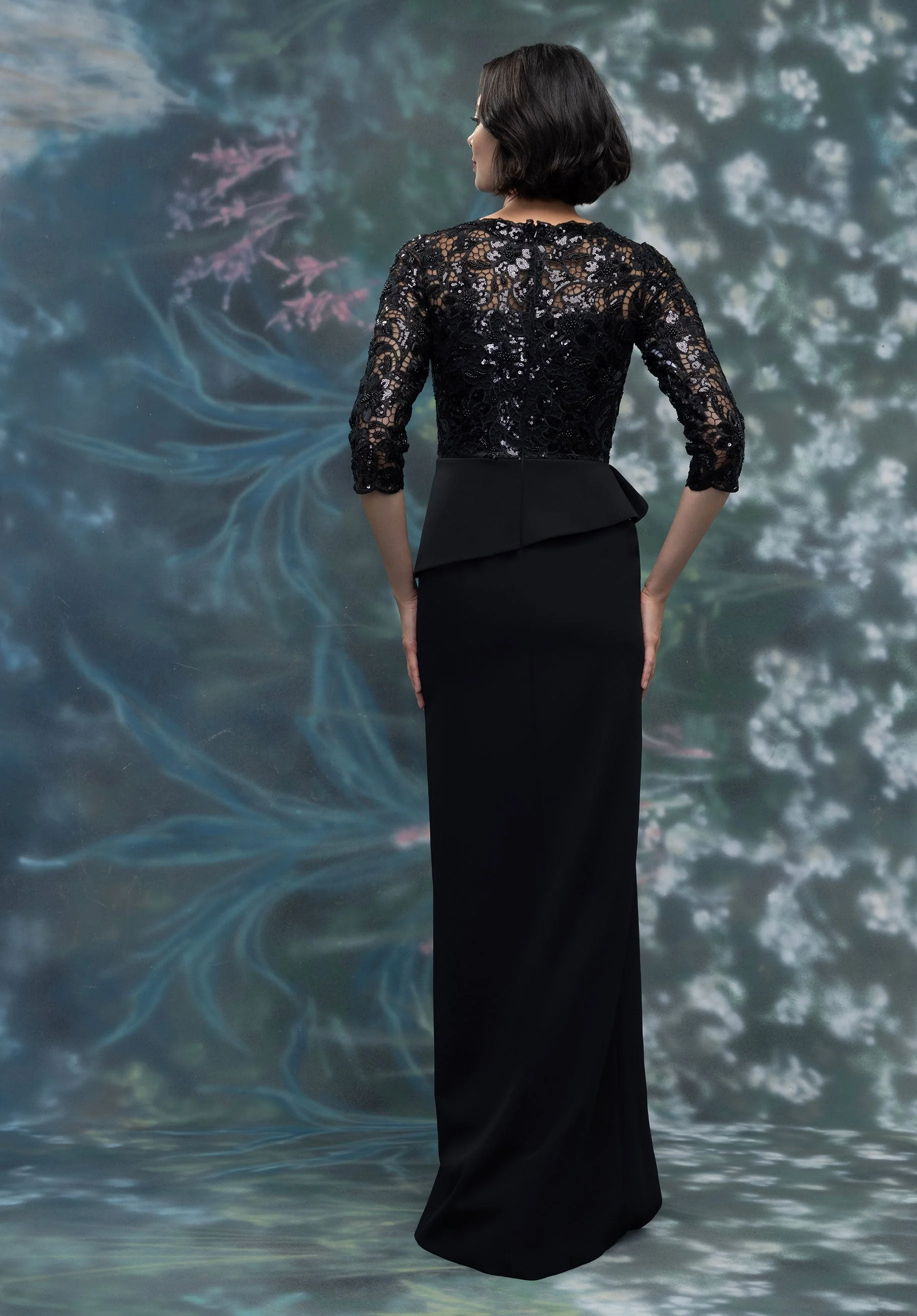 Beaded Lace and Stretch Crepe Evening Gown with Peplum - Image 3