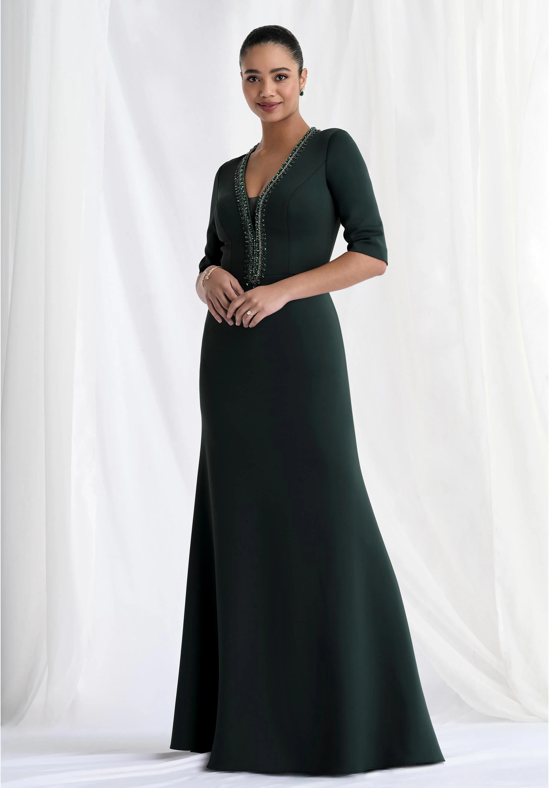 Beaded V-Neck Scuba Knit Evening Gown - Image 3