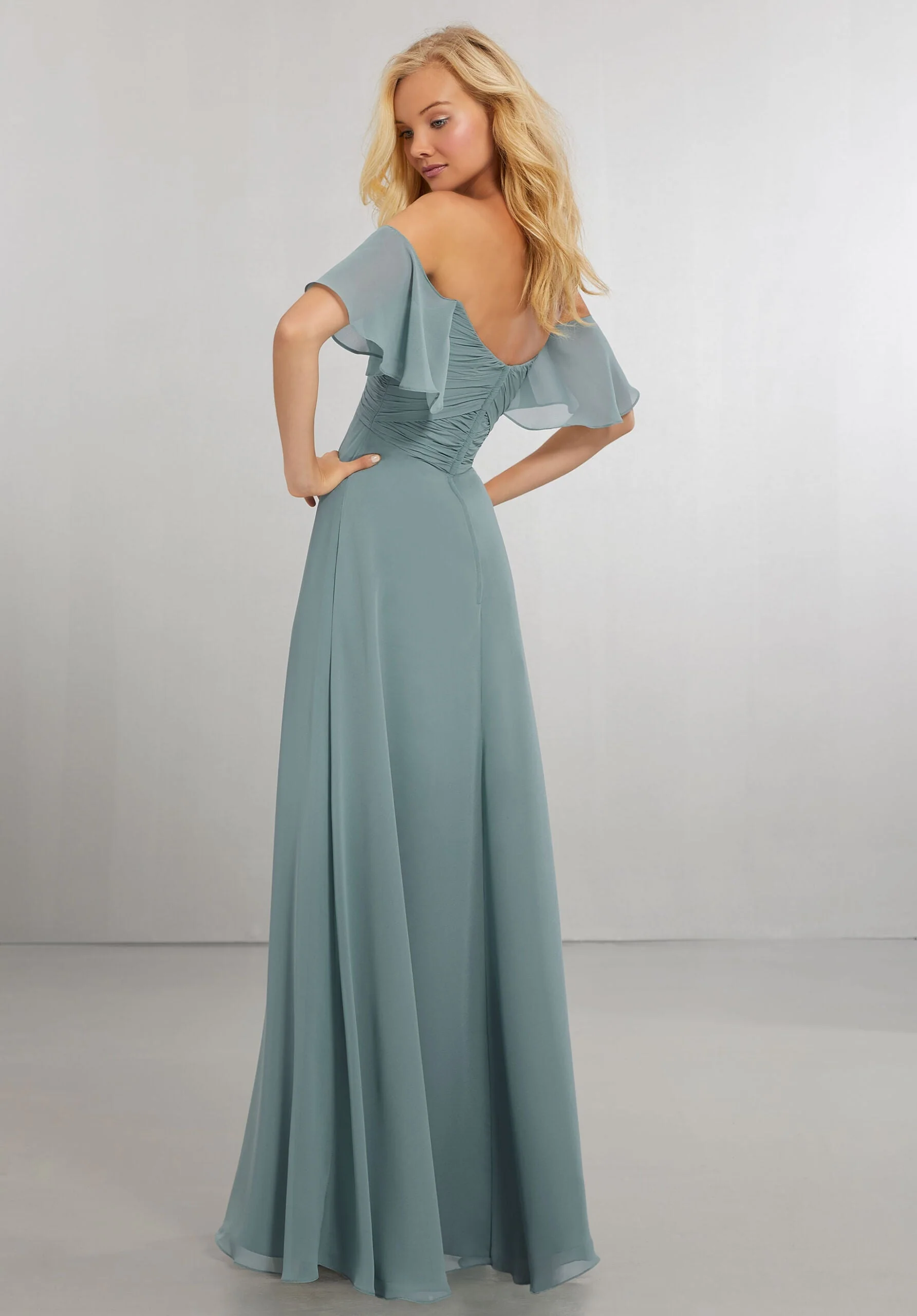 Boho Chic Chiffon Bridesmaids Dress with Off the Shoulder Neckline - Image 3