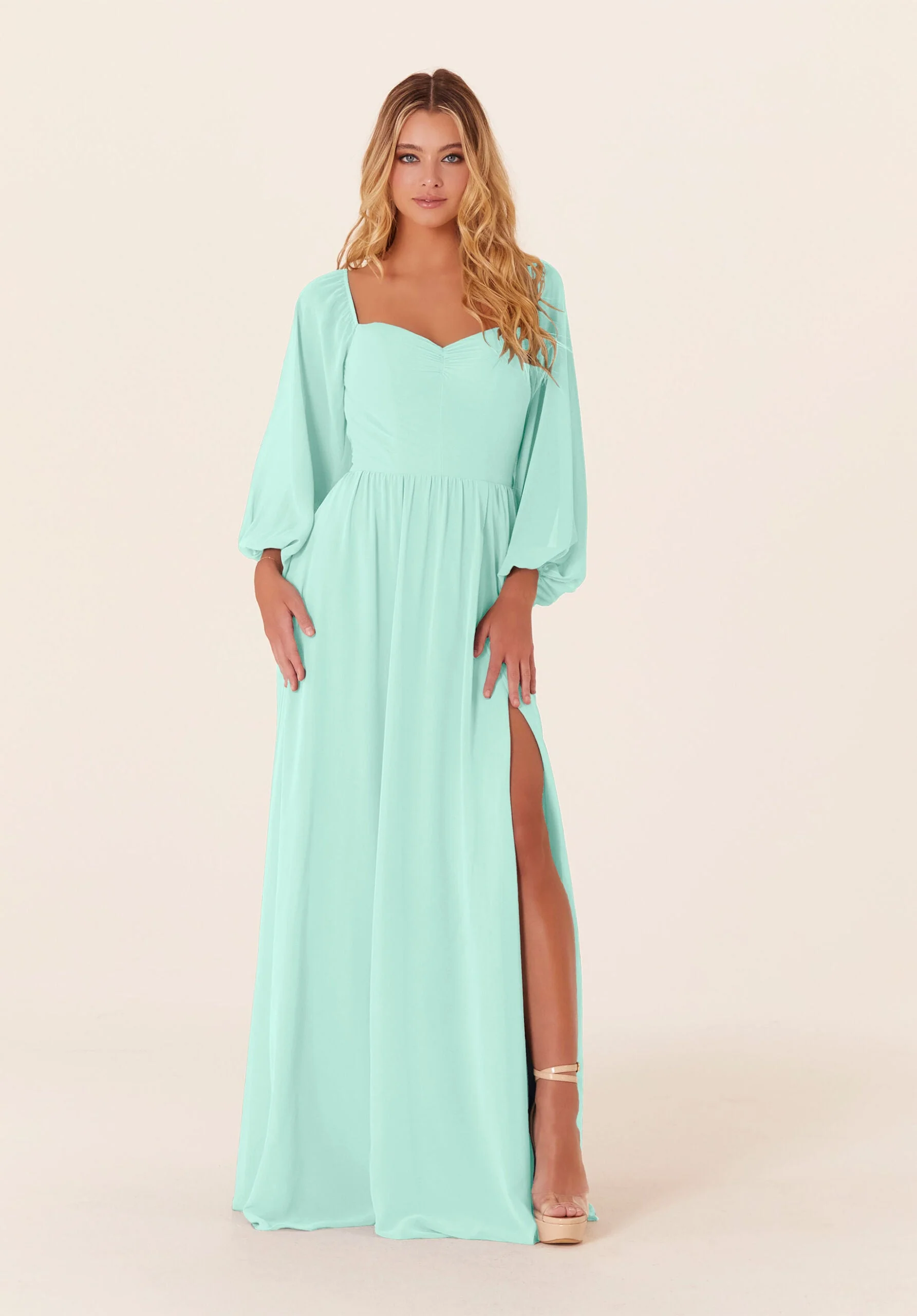 Chiffon Bridesmaid Dress with Bishop Sleeves - Image 37