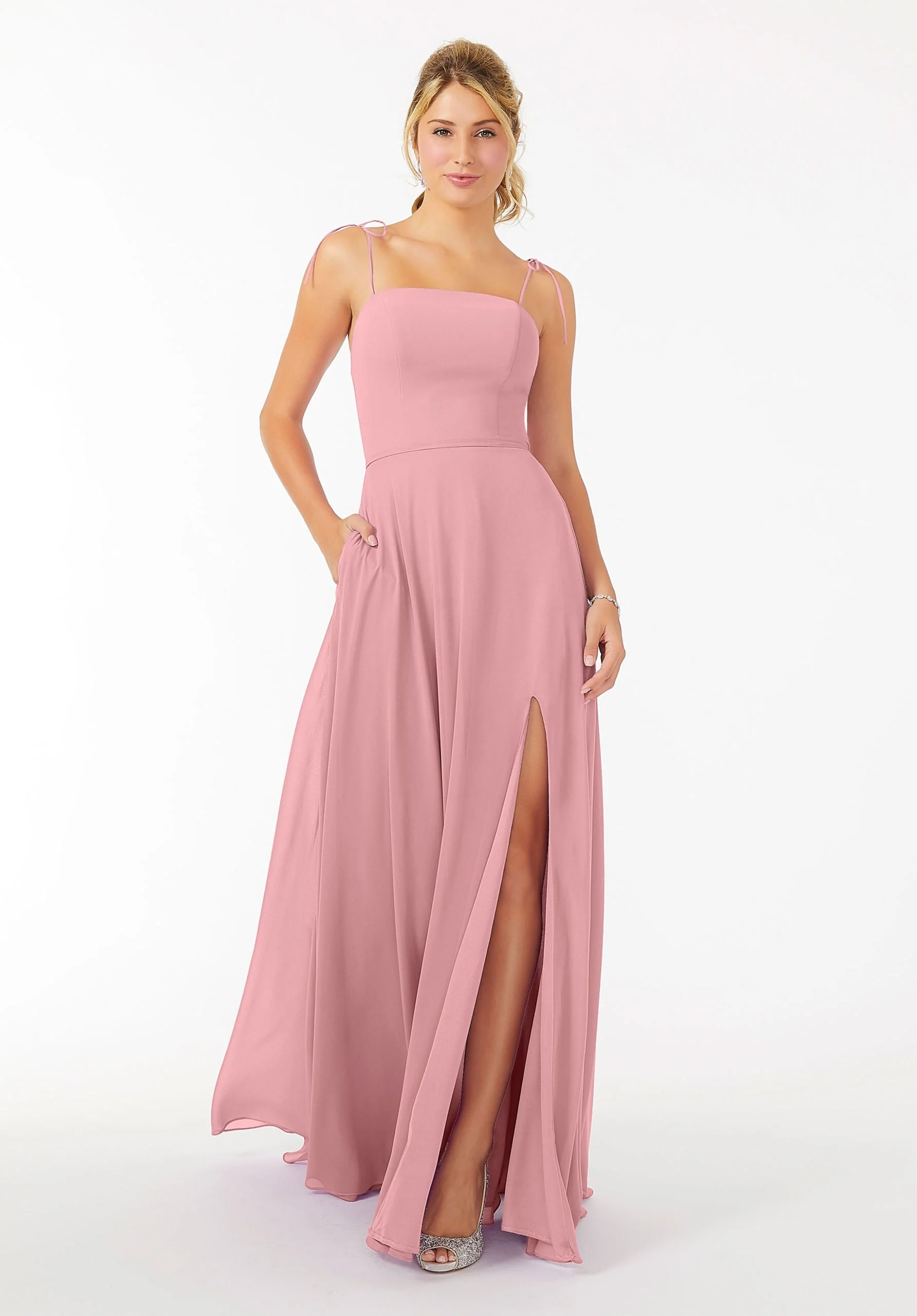 Chiffon Bridesmaid Dress with Front Slit and Keyhole Back - Image 21