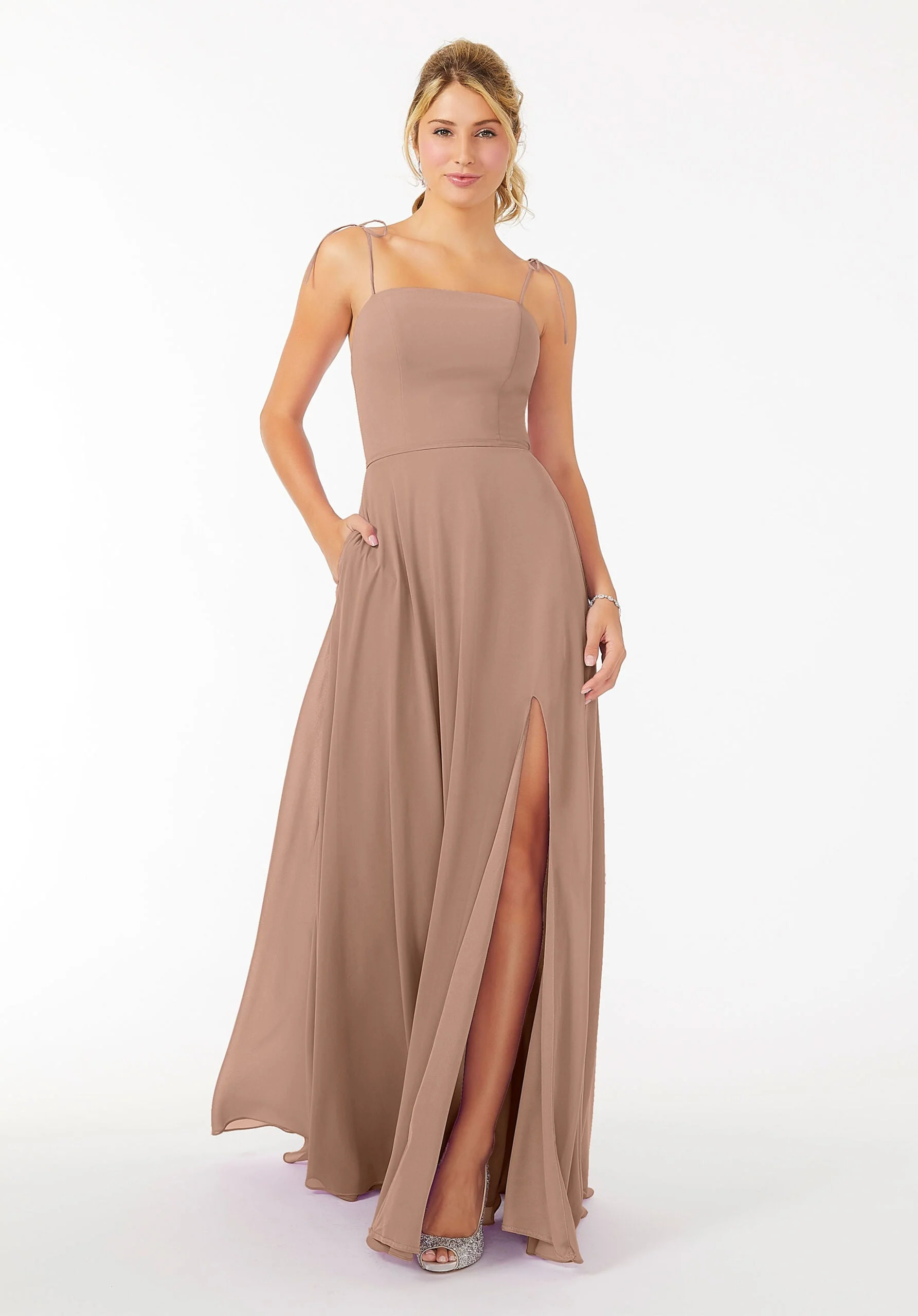 Chiffon Bridesmaid Dress with Front Slit and Keyhole Back - Image 26