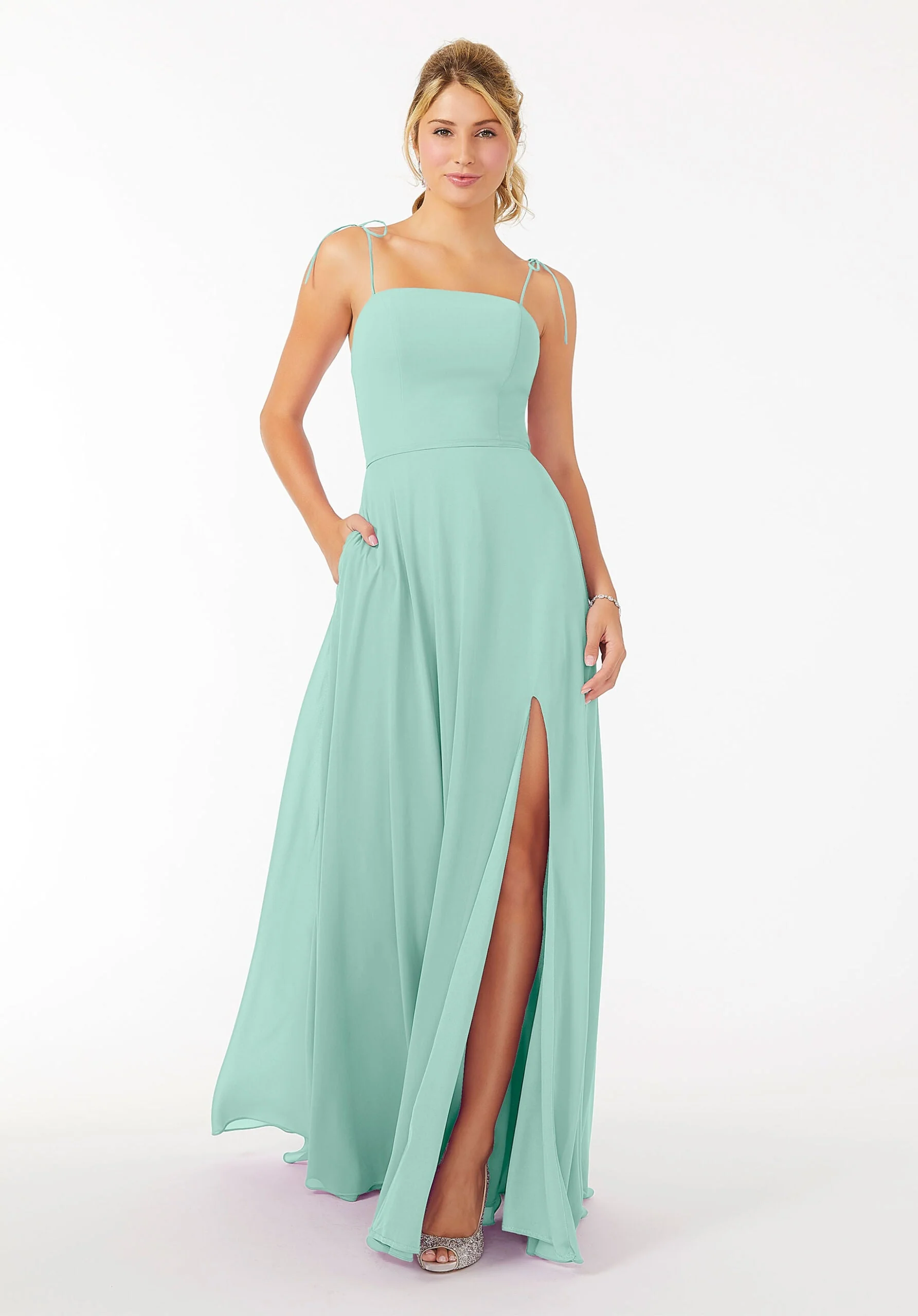 Chiffon Bridesmaid Dress with Front Slit and Keyhole Back - Image 31