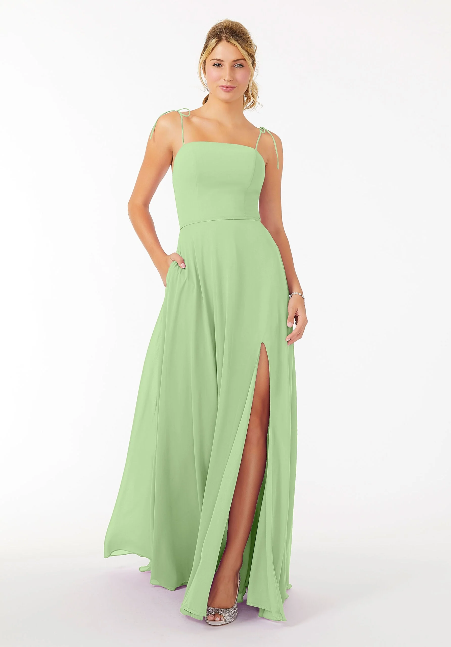 Chiffon Bridesmaid Dress with Front Slit and Keyhole Back - Image 39
