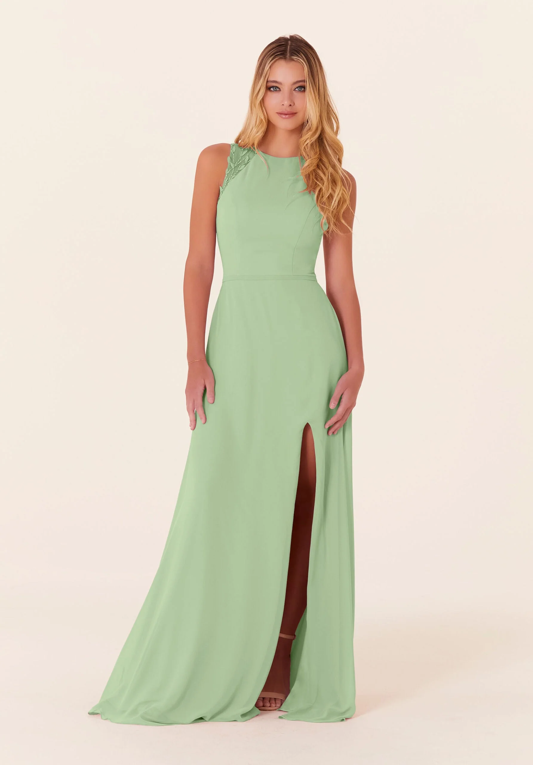 Chiffon Bridesmaid Dress with Leafy Appliqués - Image 26