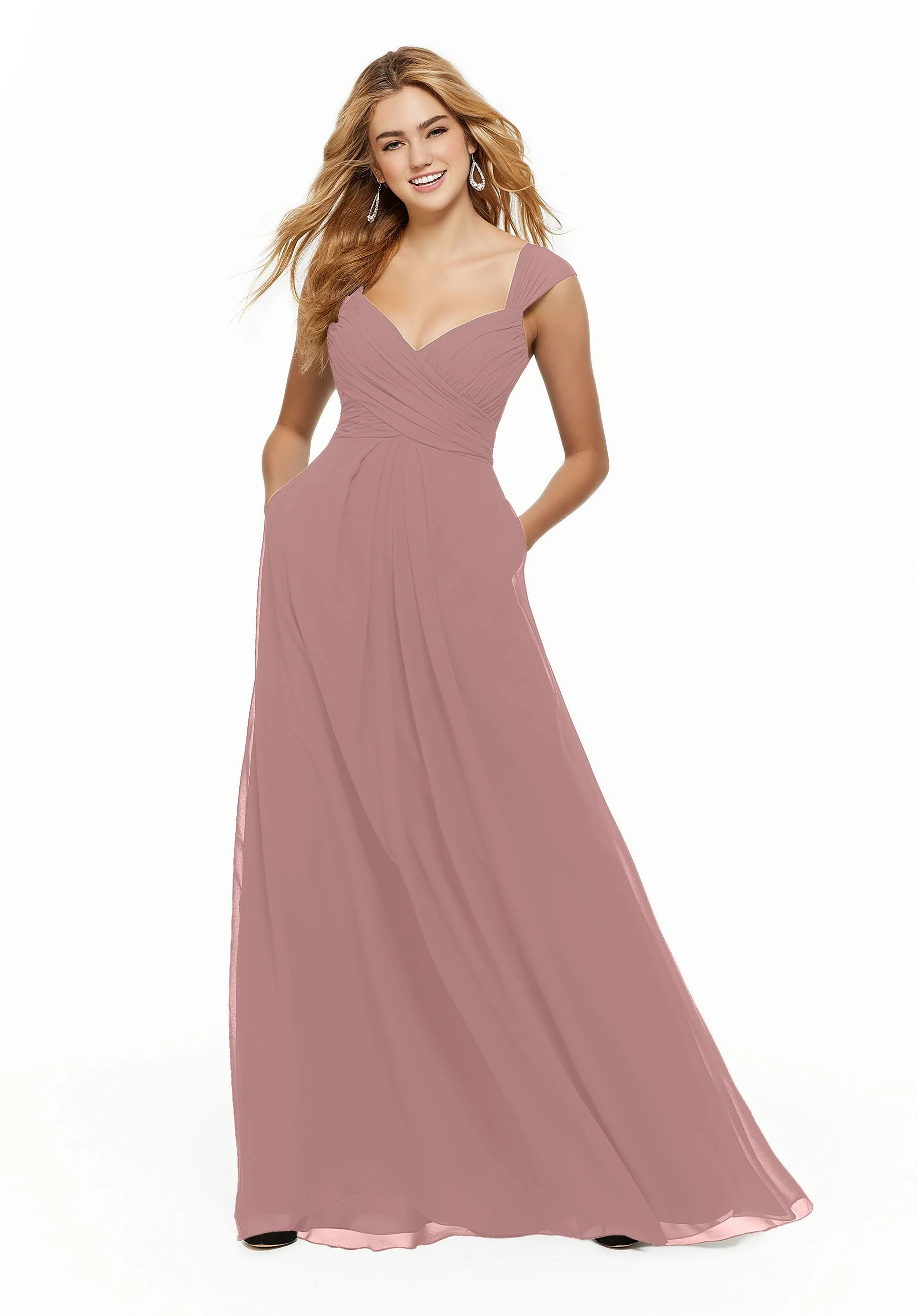 Chiffon Bridesmaid Dress with Ruched Draped Bodice and Watteau Back - Image 17