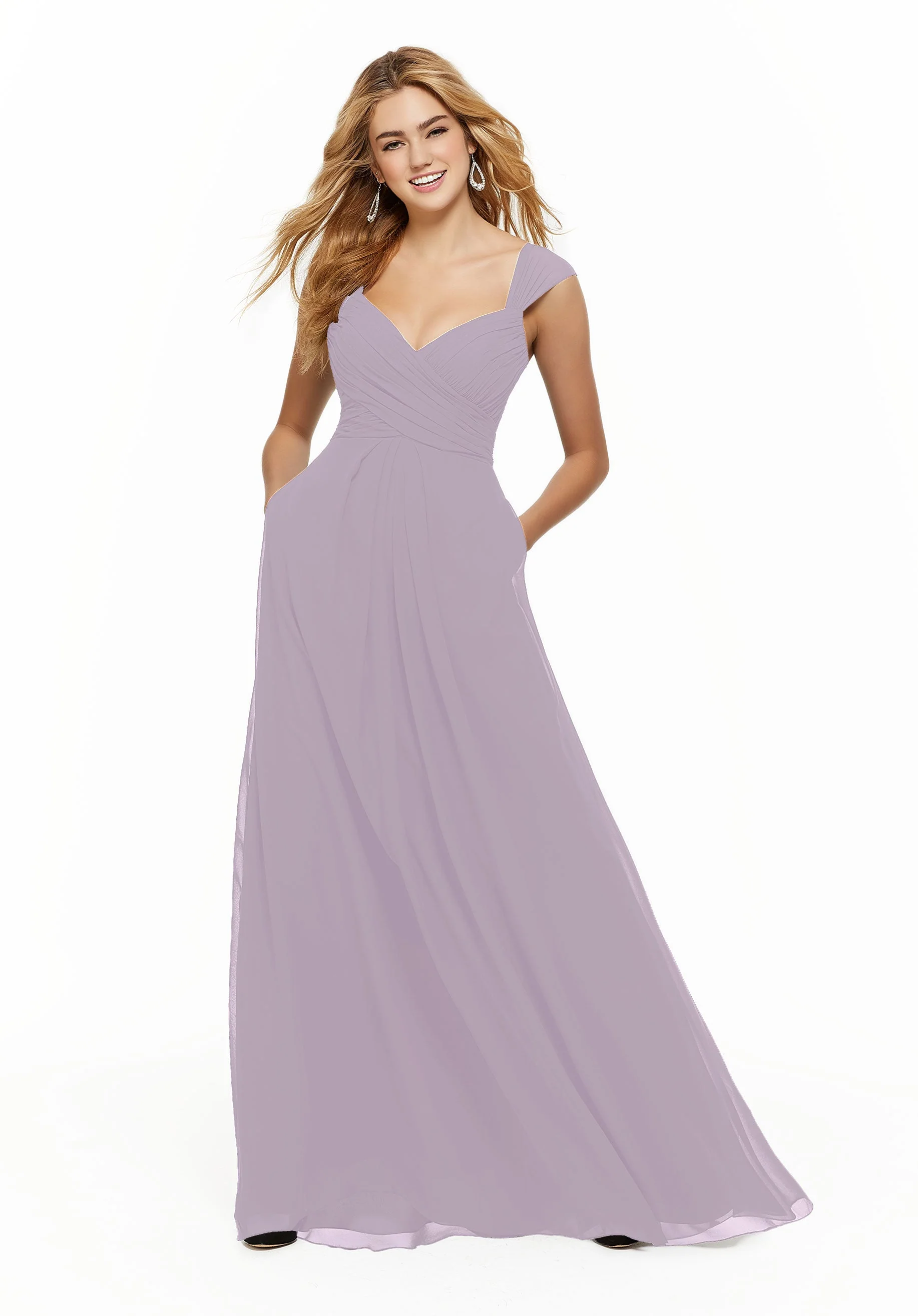 Chiffon Bridesmaid Dress with Ruched Draped Bodice and Watteau Back - Image 41