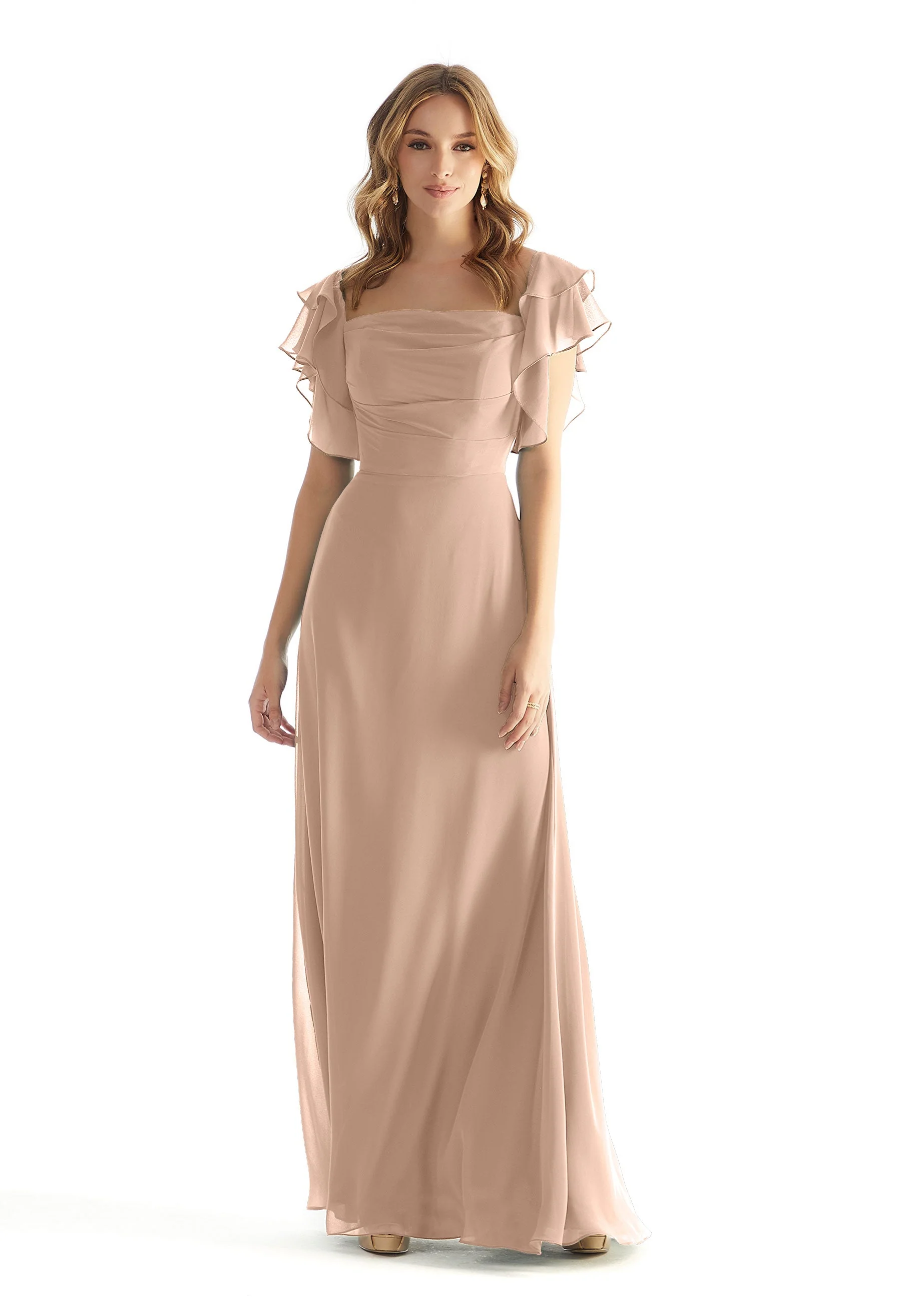 Chiffon Bridesmaid Dress with Straight Neckline and Ruffle Sleeves - Image 9