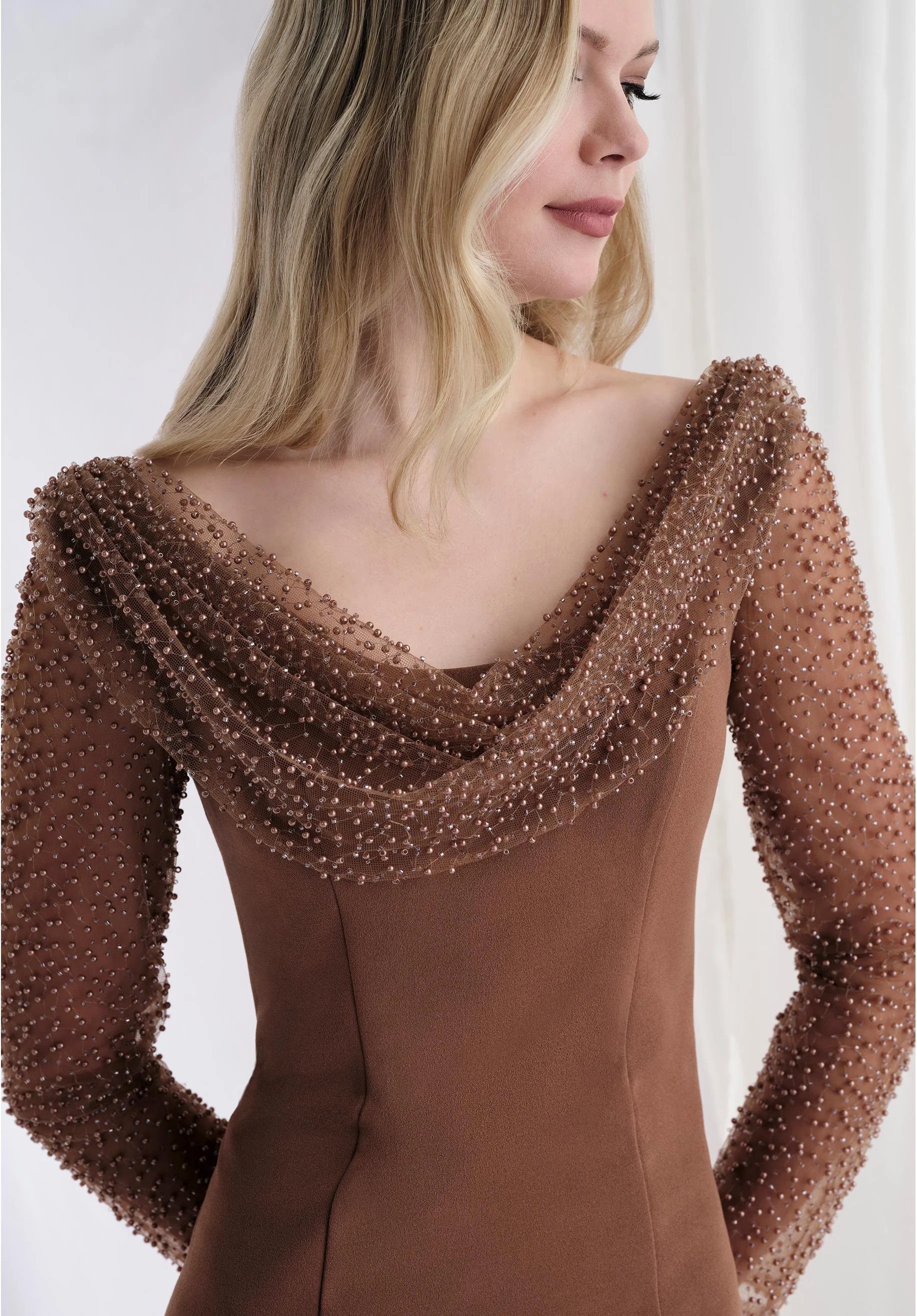 Cowl Neck Stretch Crepe Fit and Flare Evening Gown - Image 3