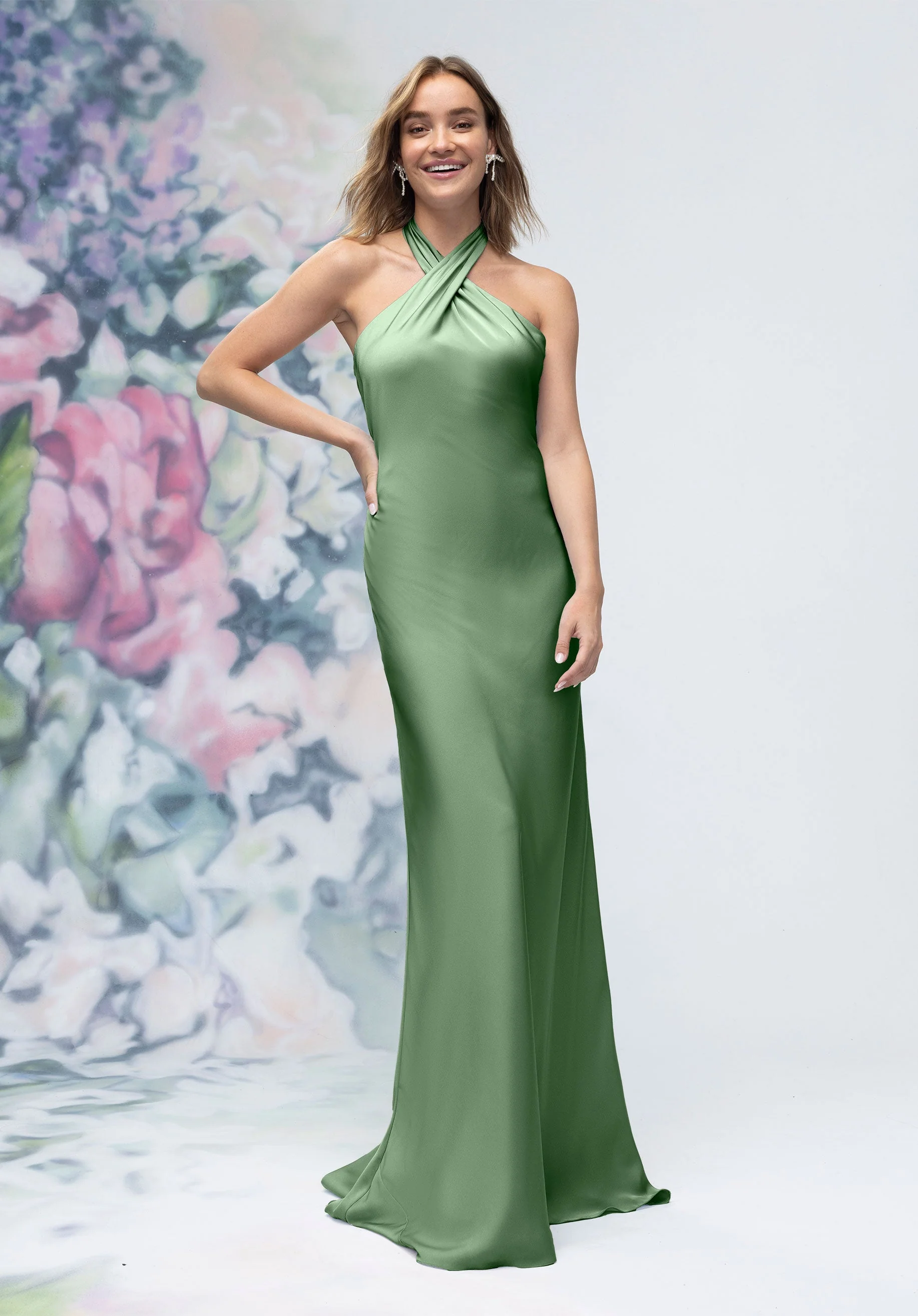 Criss Cross Halter Luxe Satin Sheath Bridesmaid Dress - Image 15