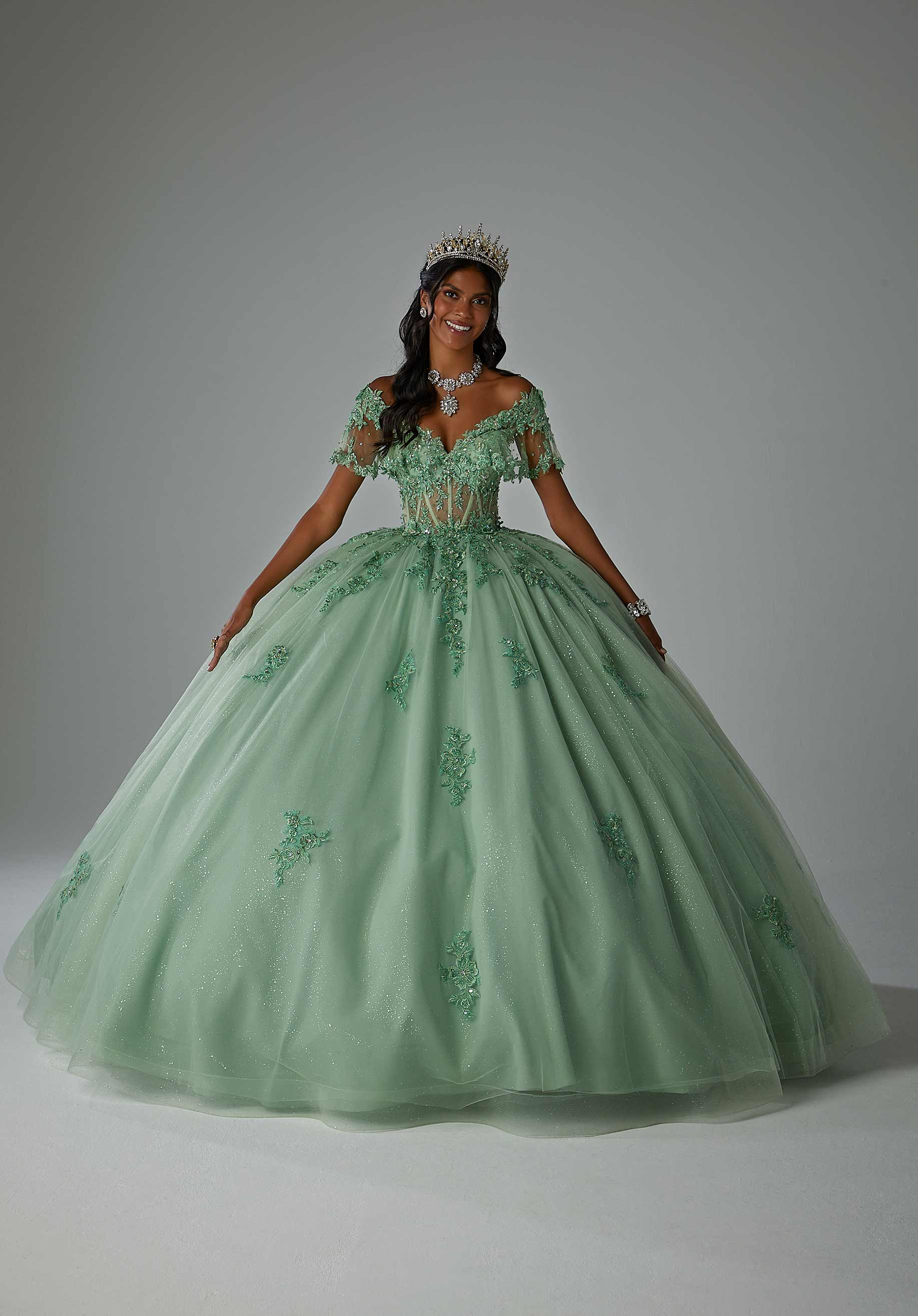 Crystal Beaded Floral Embroidered Quinceañera Dress with Sheer Midriff - Image 3