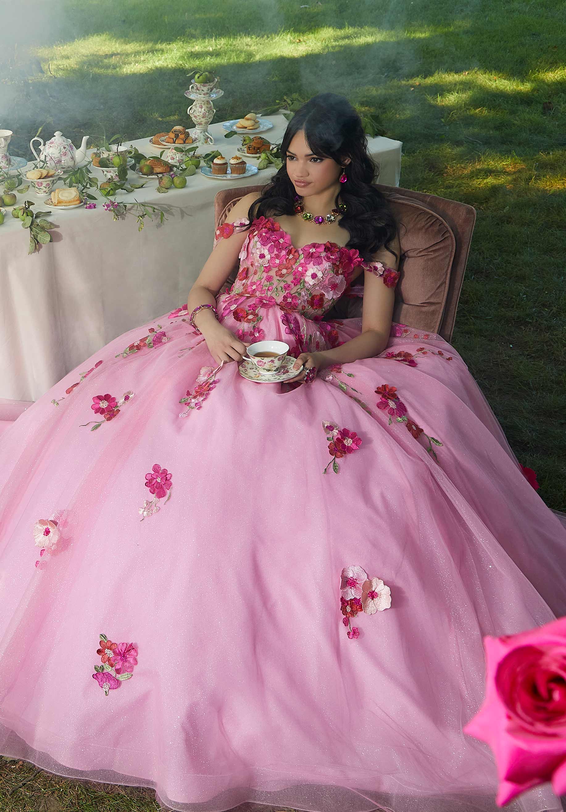 Crystal Beaded Floral Lace Quinceañera Dress - Image 3