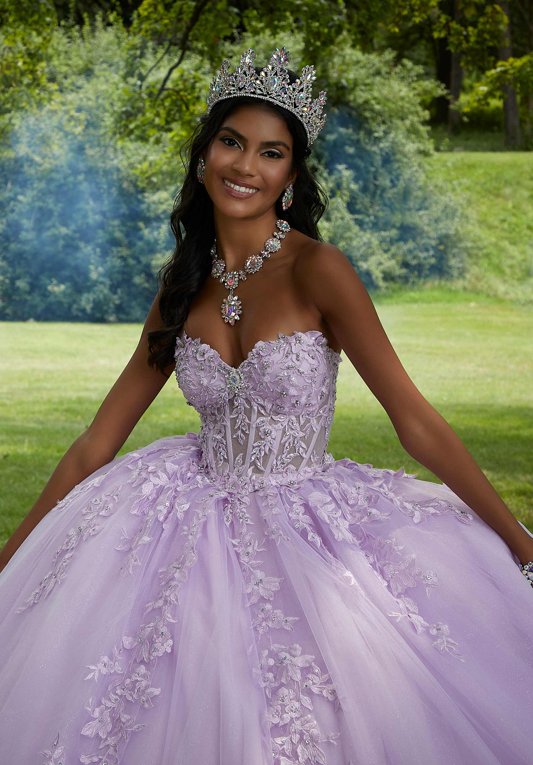 Crystal Beaded Lace Sheer Bodice Quinceañera Dress - Image 3