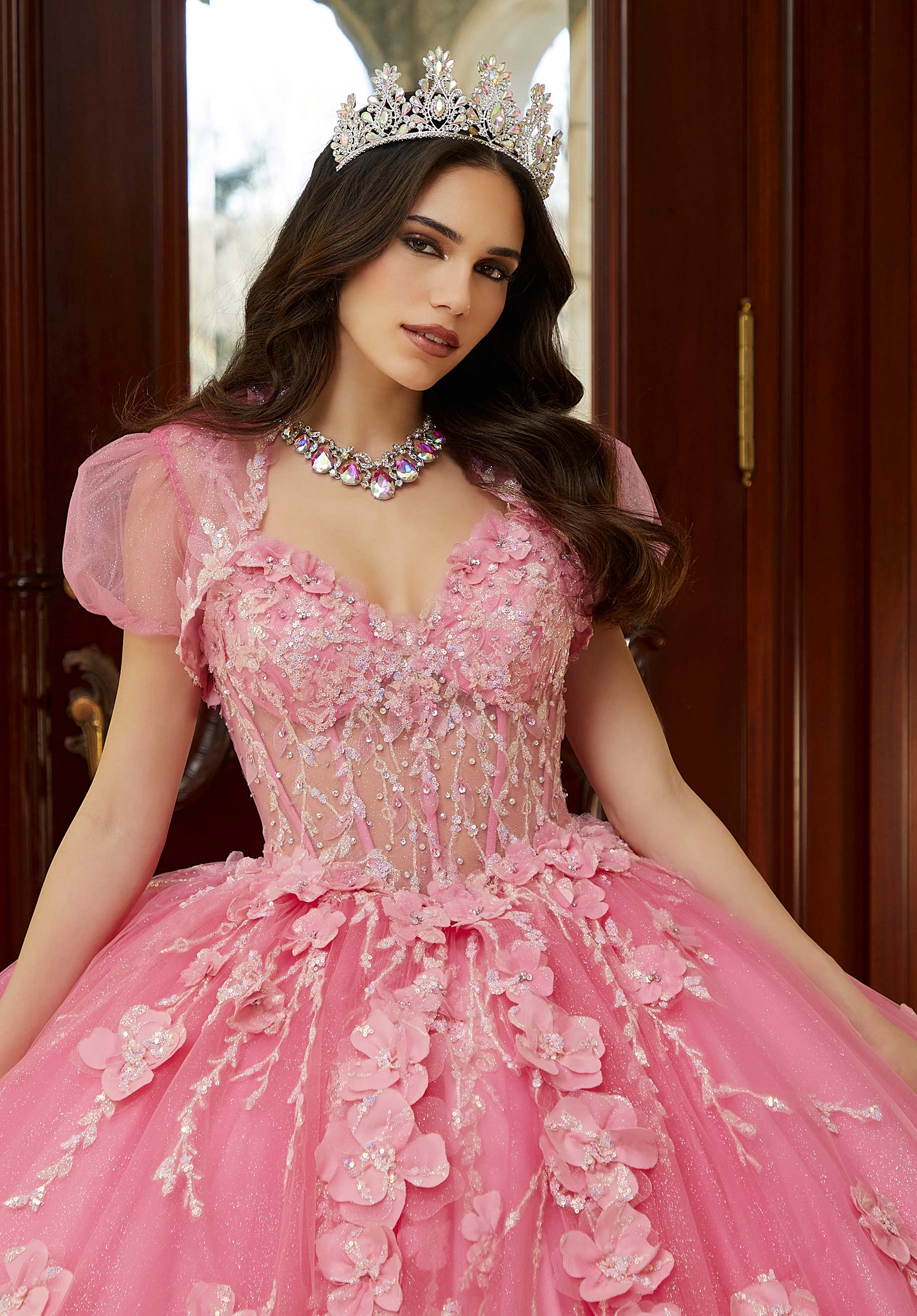 Crystal Beaded Quinceañera Dress with Three-Dimensional Floral Glitter Appliqués - Image 2