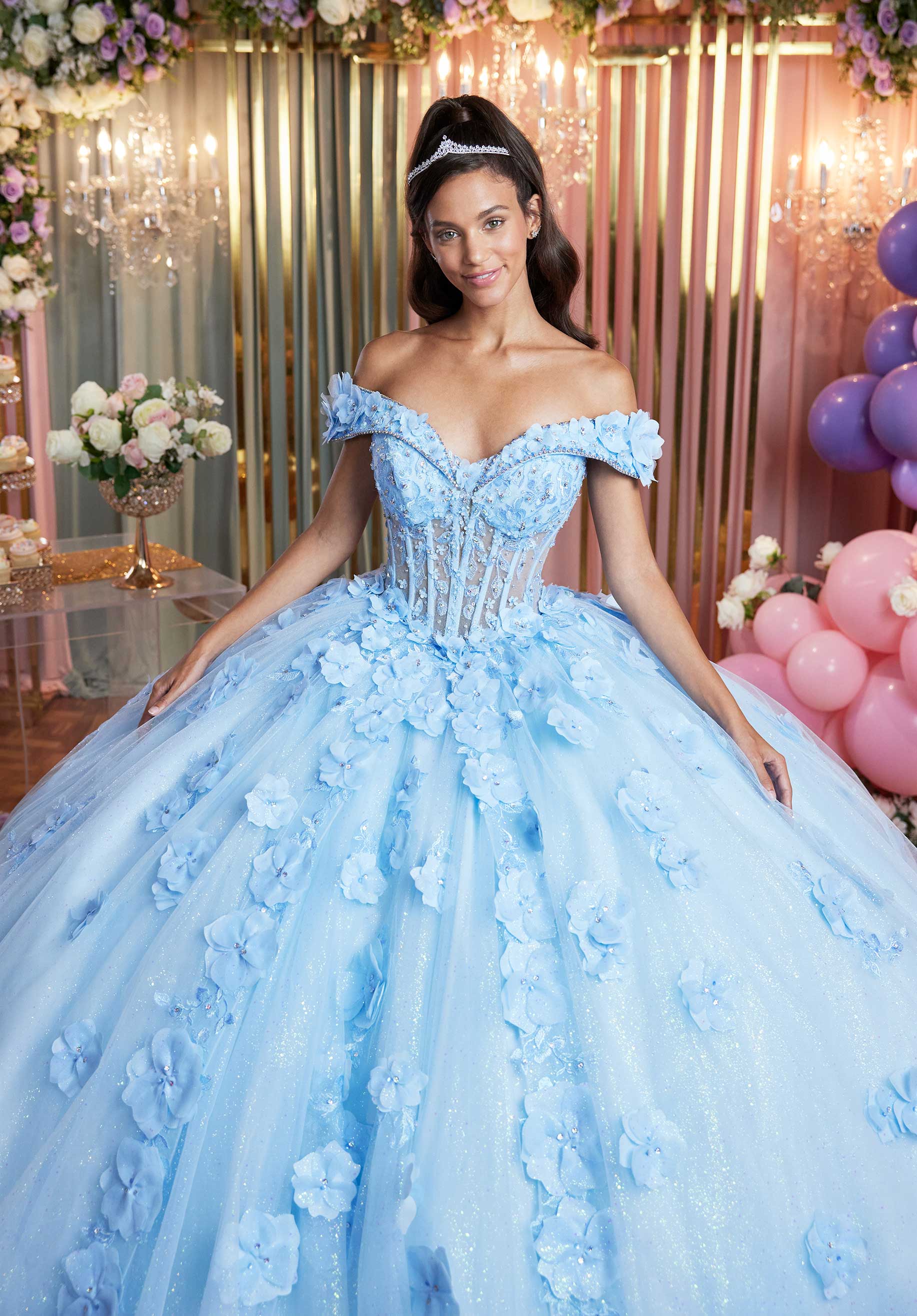 Cuffed Off The Shoulder Three Dimensional Floral Quinceañera Dress - Image 3