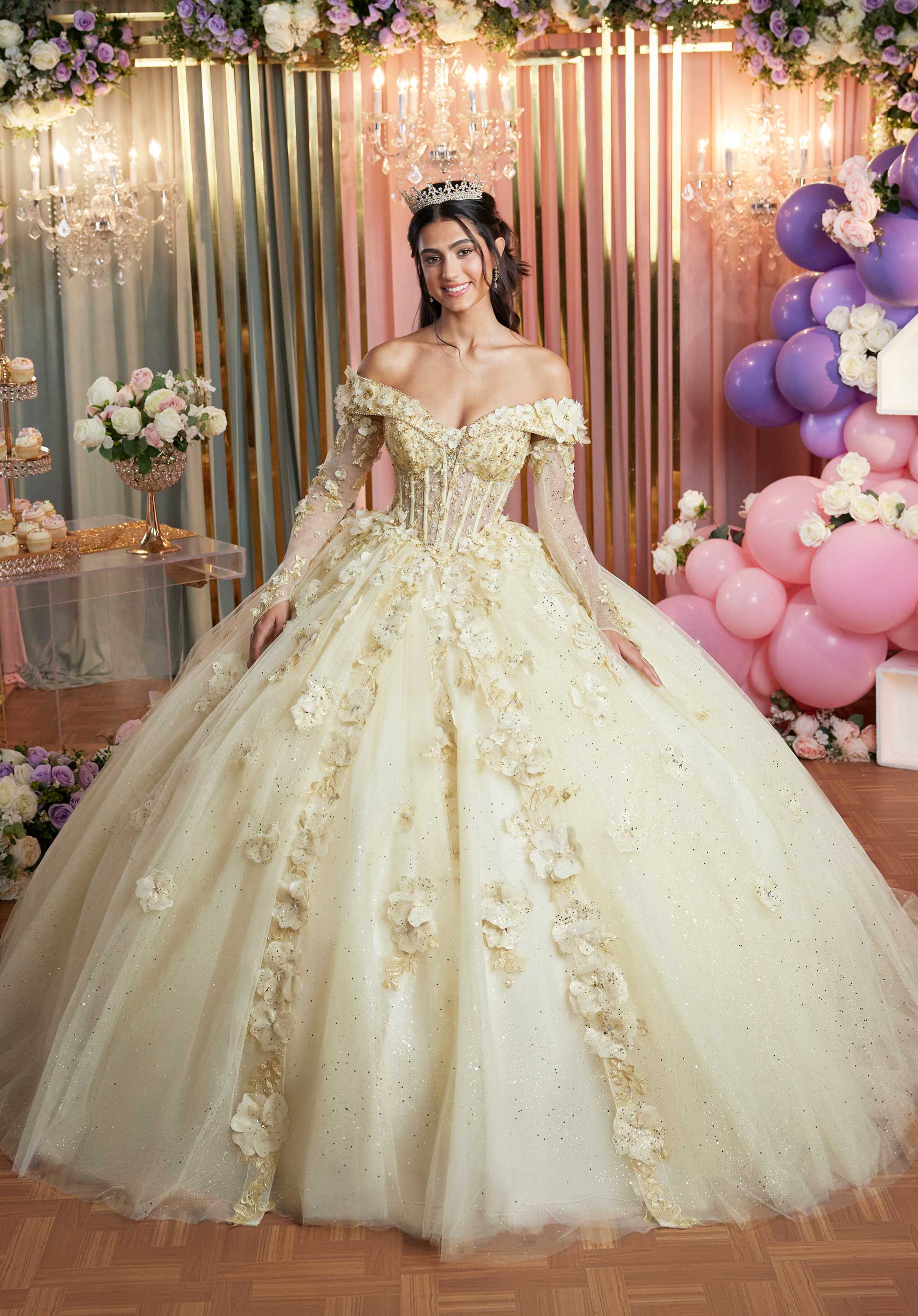 Cuffed Off The Shoulder Three Dimensional Floral Quinceañera Dress - Image 4