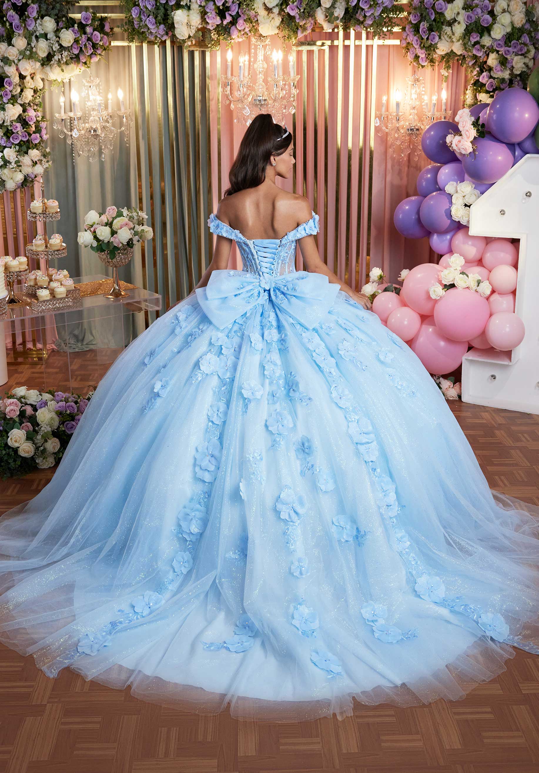 Cuffed Off The Shoulder Three Dimensional Floral Quinceañera Dress - Image 7
