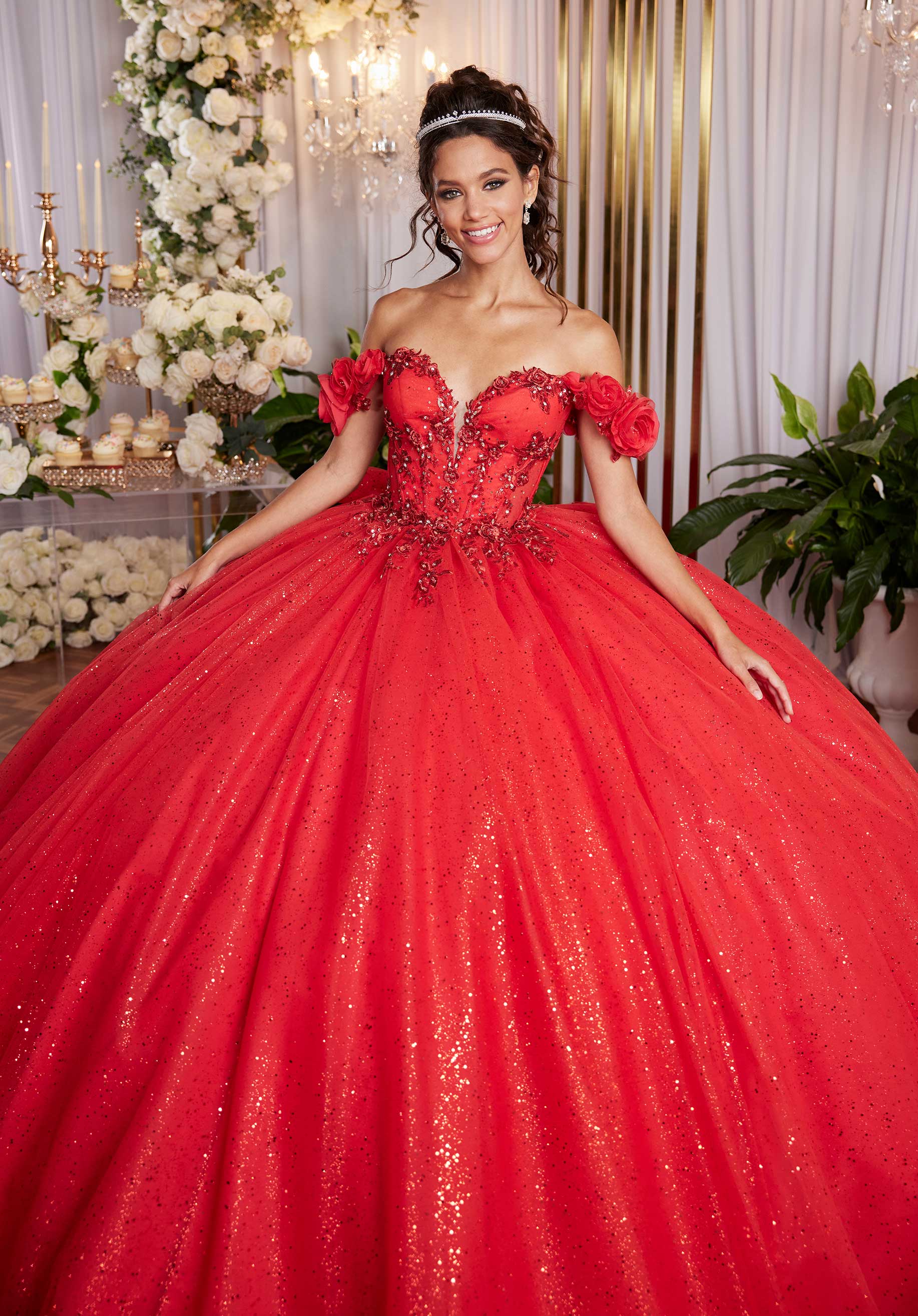 Draped Bodice Quinceañera Dress with Three Dimensional Flowers - Image 4