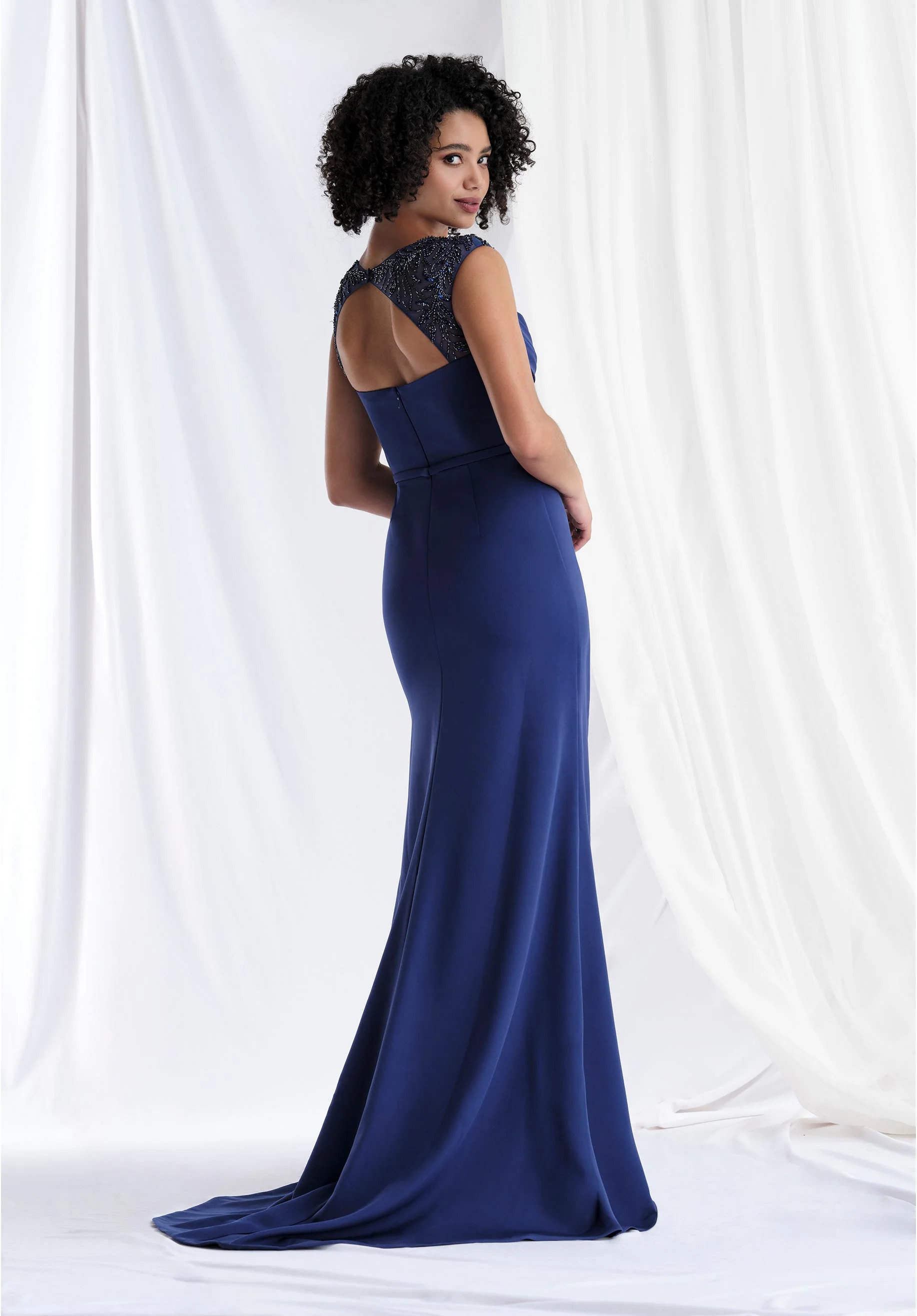 Draped Cap Sleeve Scuba Knit Evening Gown with Beaded Details - Image 6