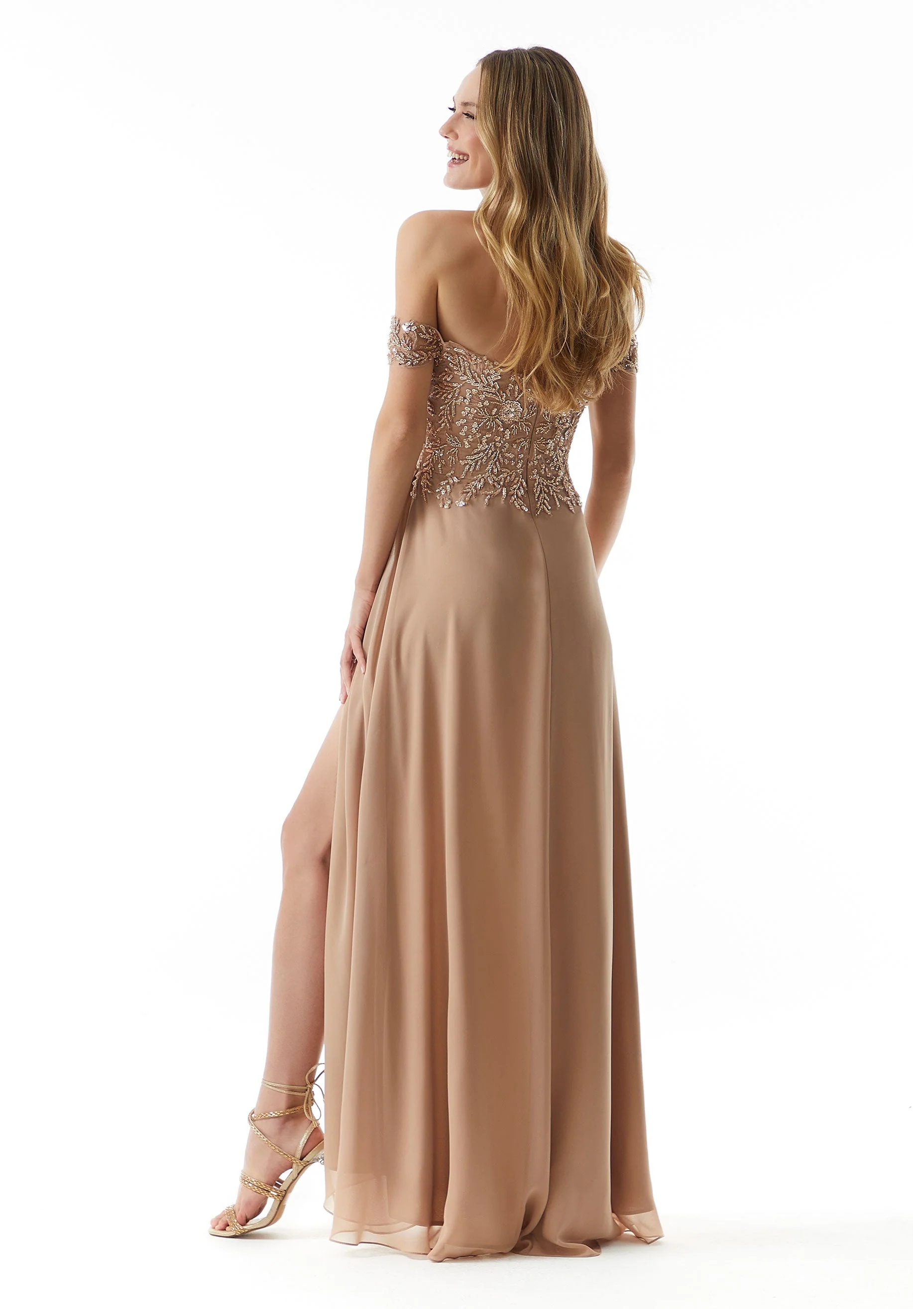 Draped Chiffon Evening Gown with Beaded Embroidery - Image 3