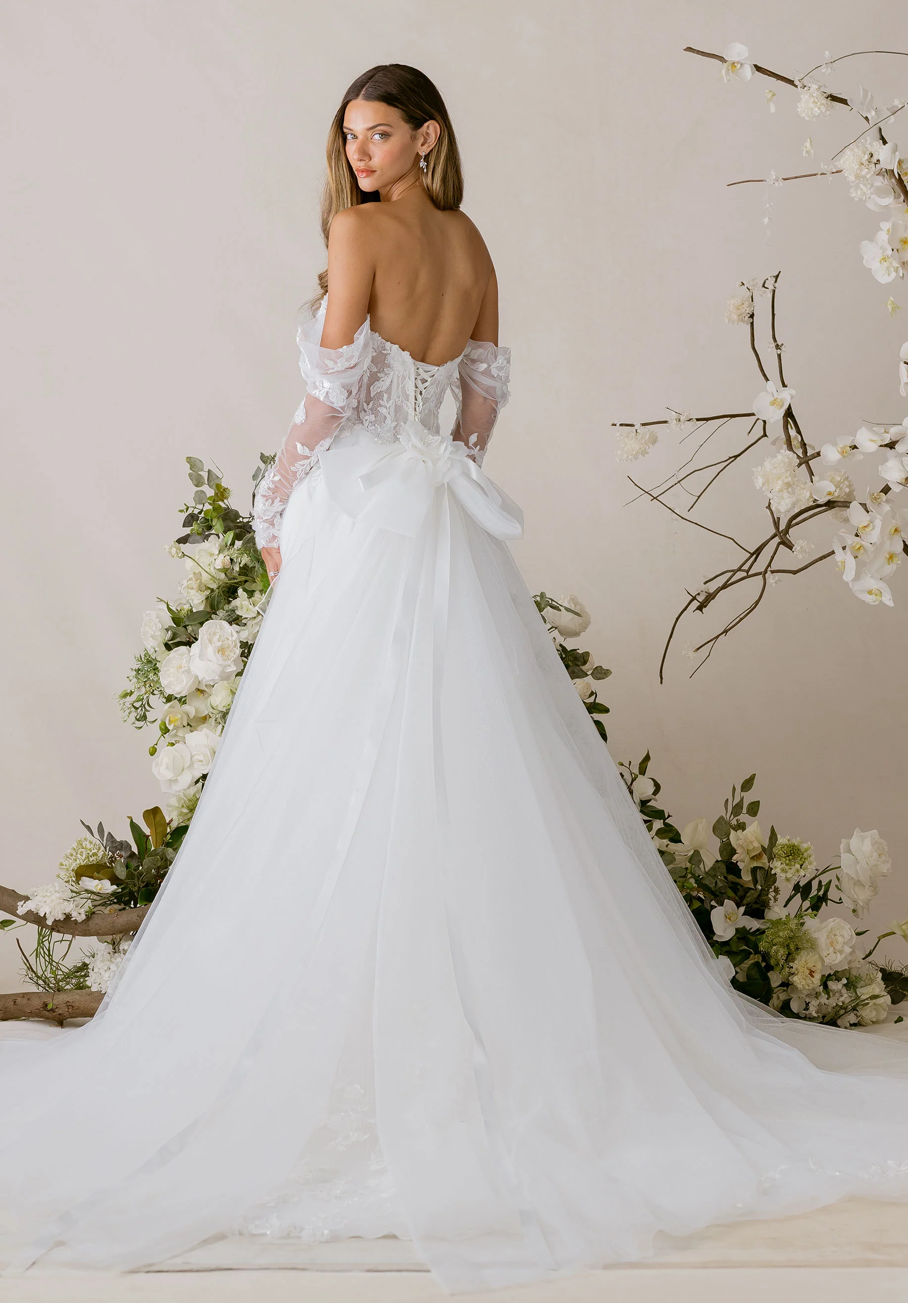 Draped Off The Shoulder Tulle Appliquéd Sleeves - Image 2
