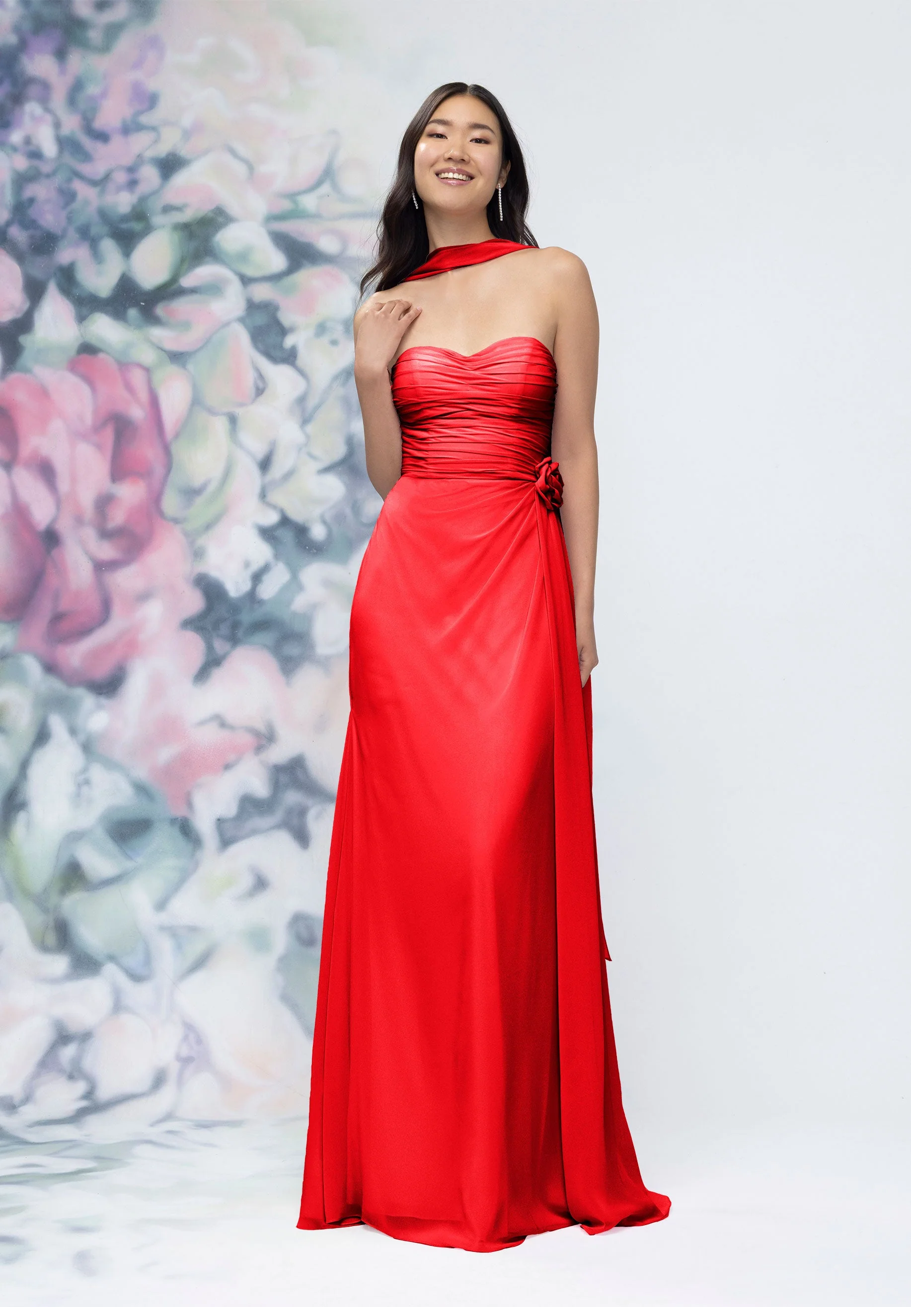 Draped Strapless Sweetheart Bridesmaid Dress with Detachable Rosette and Scarf - Image 29