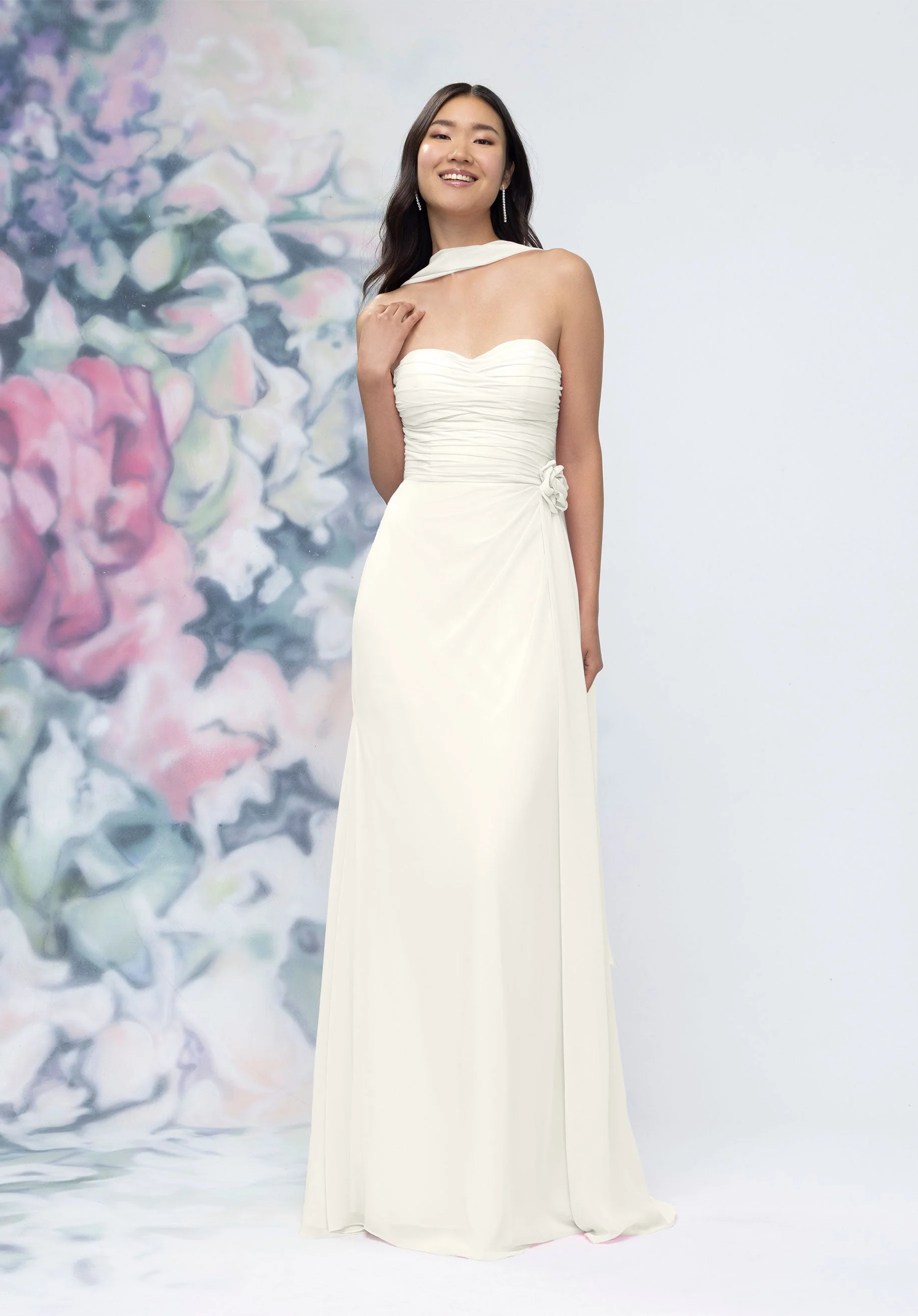 Draped Strapless Sweetheart Bridesmaid Dress with Detachable Rosette and Scarf - Image 30