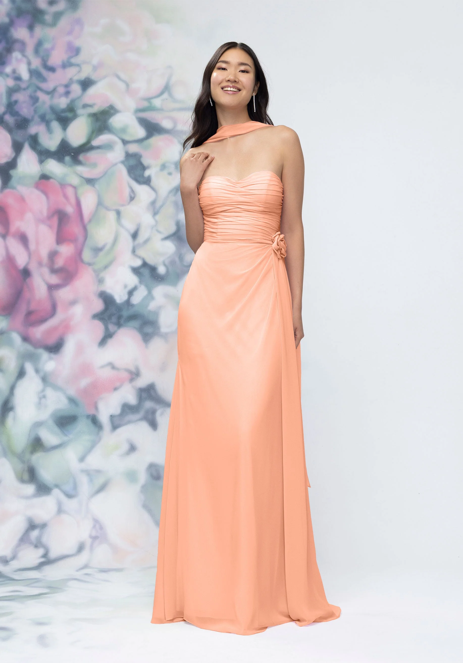 Draped Strapless Sweetheart Bridesmaid Dress with Detachable Rosette and Scarf - Image 37