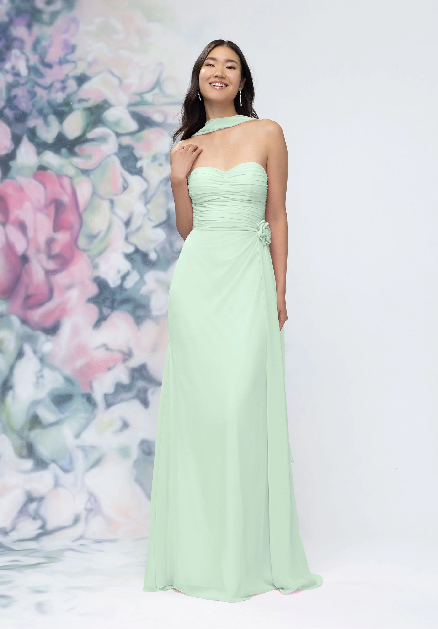 Draped Strapless Sweetheart Bridesmaid Dress with Detachable Rosette and Scarf - Image 44