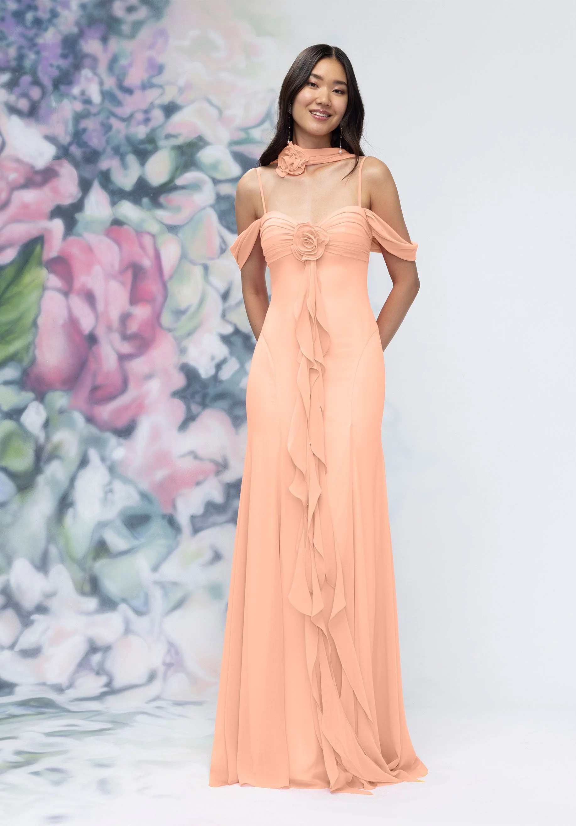 Draped Sweetheart Chiffon Bridesmaid Dress with Cascading Floral Ruffle - Image 15