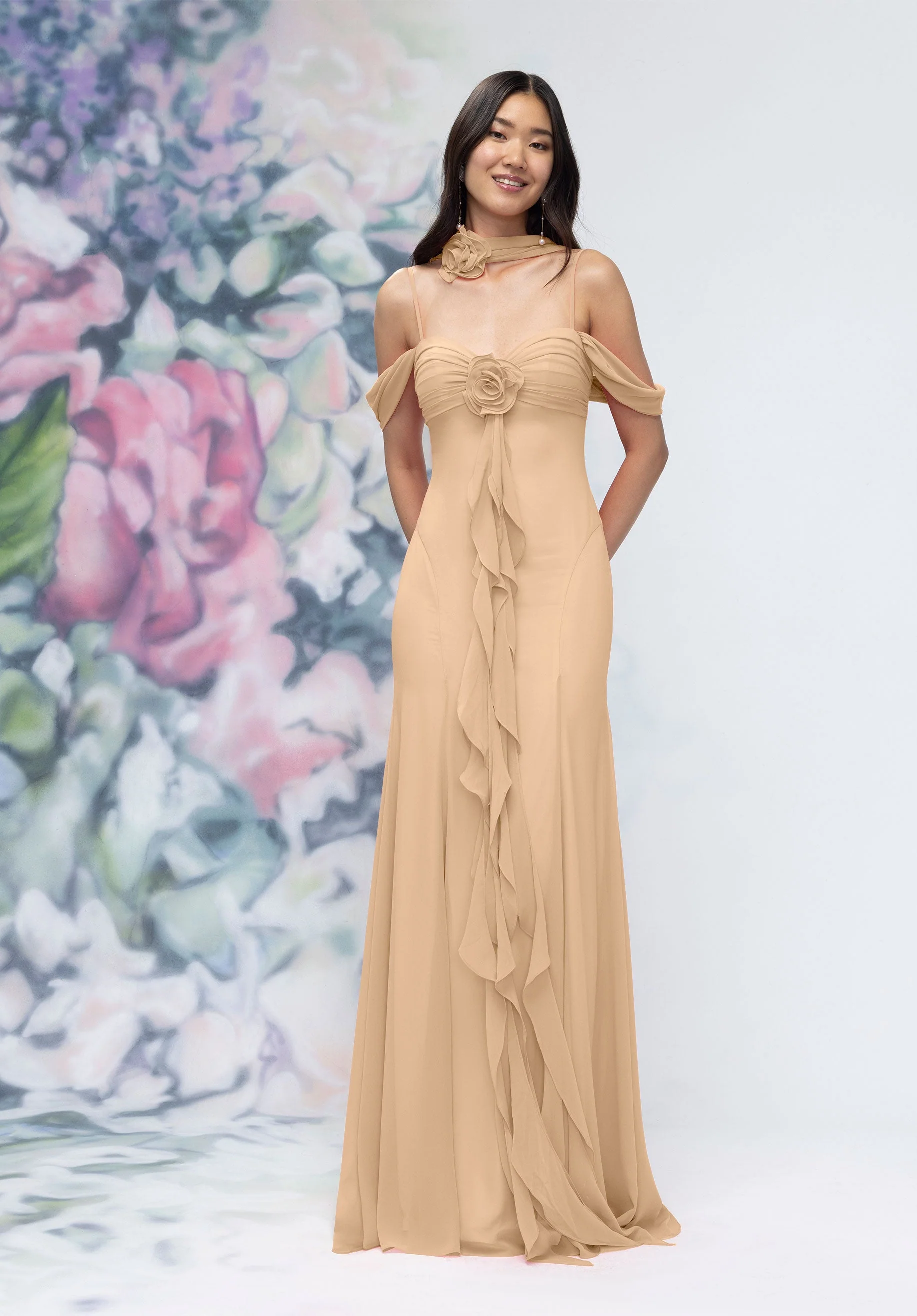 Draped Sweetheart Chiffon Bridesmaid Dress with Cascading Floral Ruffle - Image 20