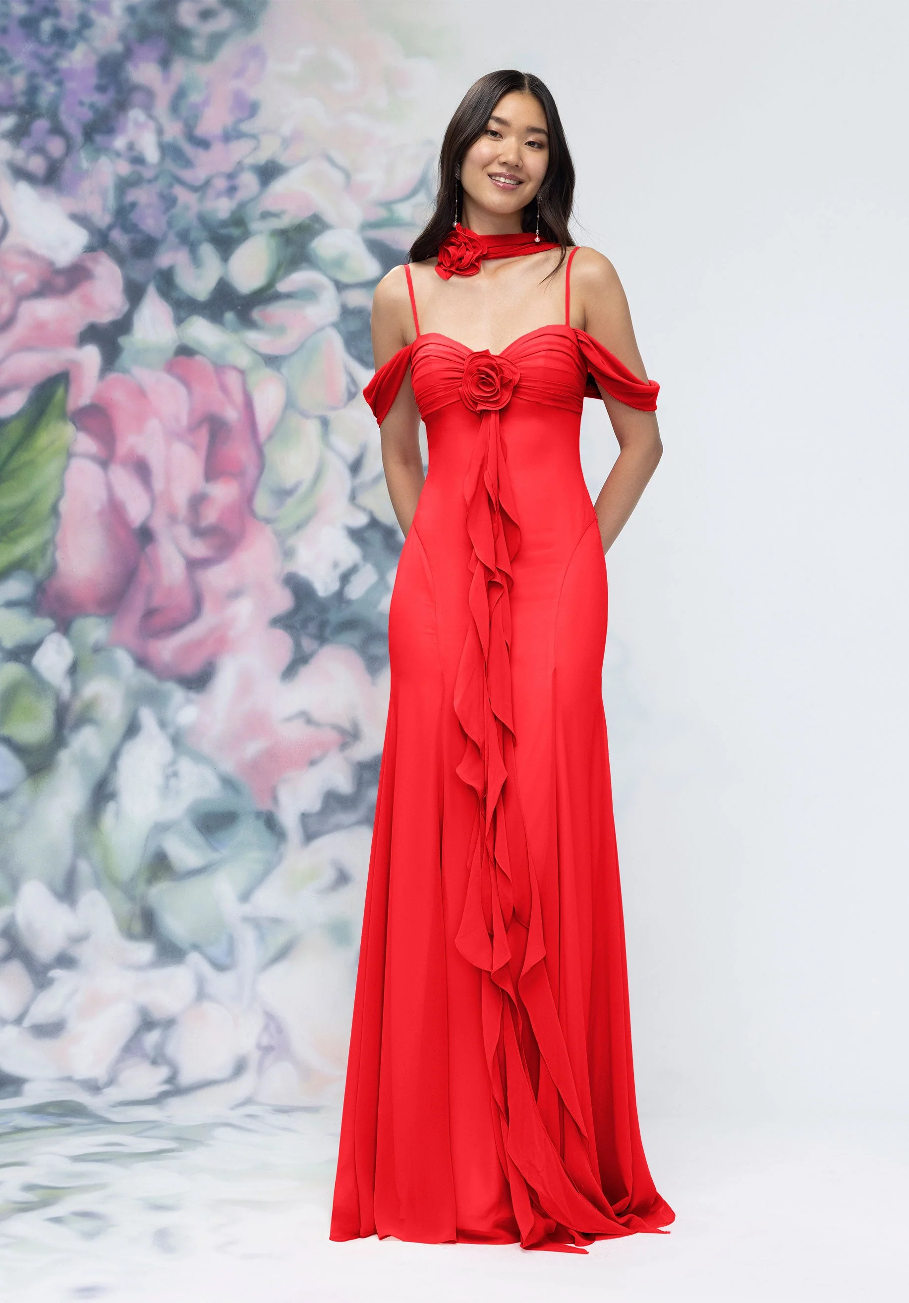 Draped Sweetheart Chiffon Bridesmaid Dress with Cascading Floral Ruffle - Image 35
