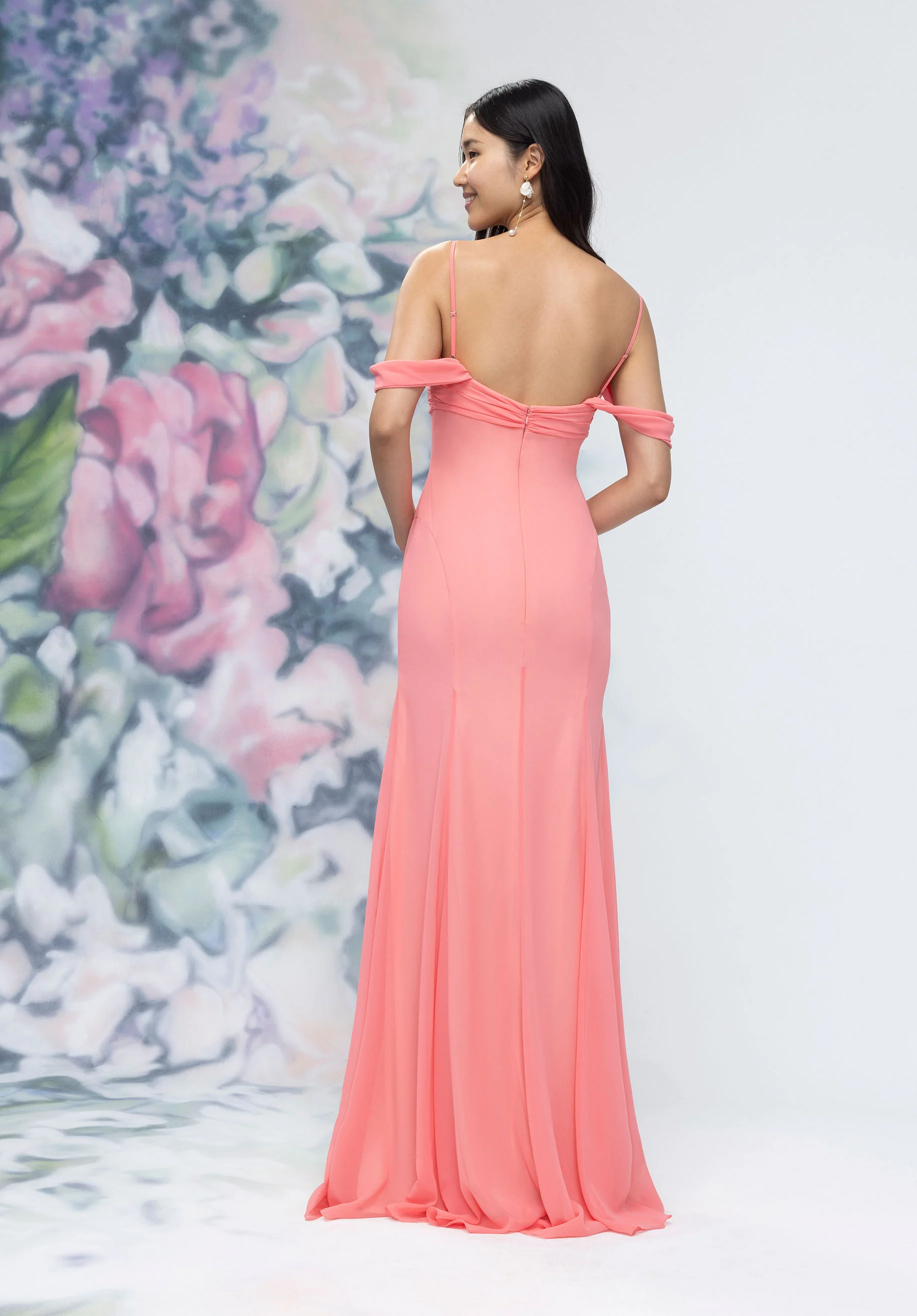 Draped Sweetheart Chiffon Bridesmaid Dress with Cascading Floral Ruffle - Image 9