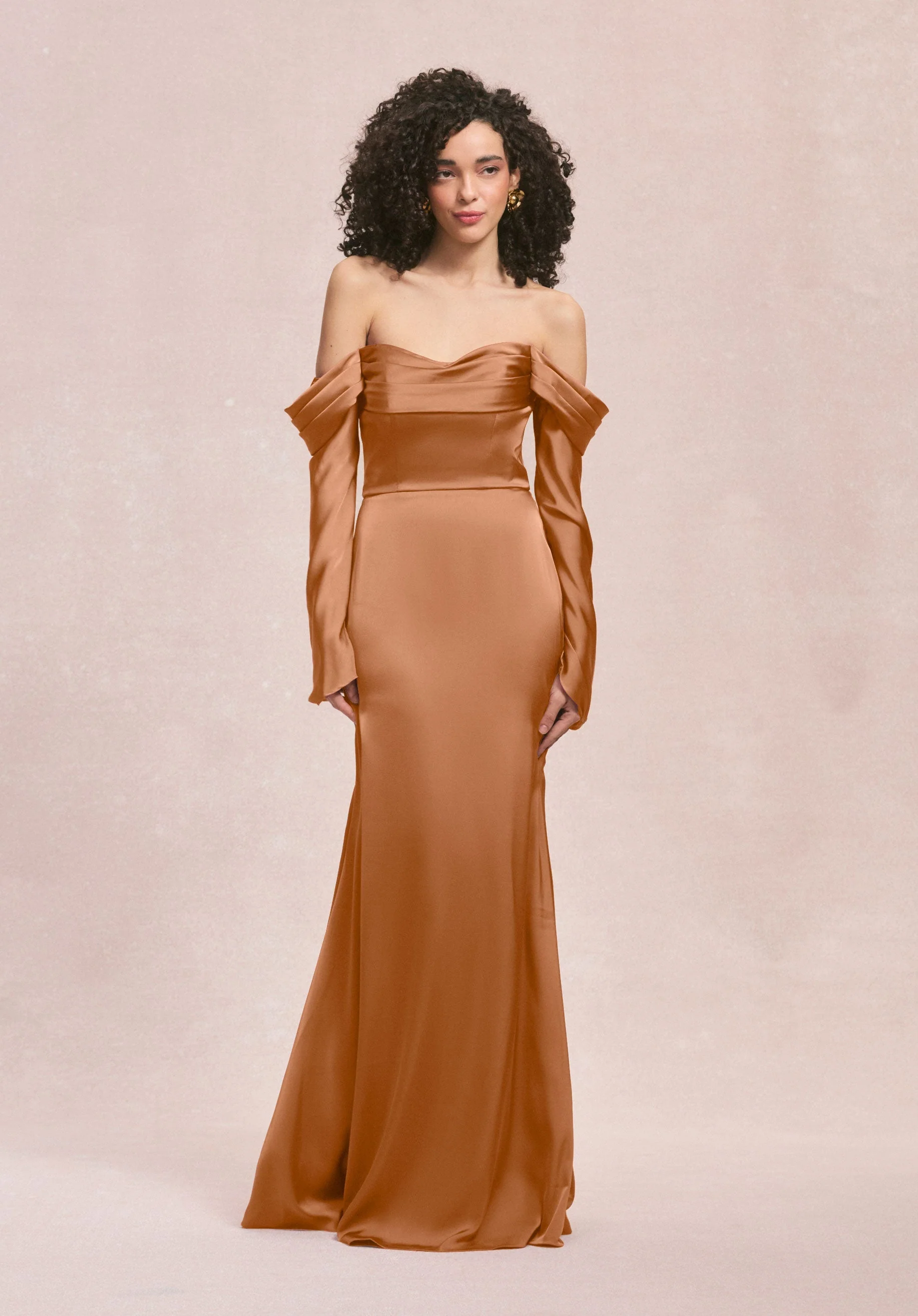Draped Sweetheart Luxe Satin Bridesmaid Dress with Detachable Long Sleeves - Image 15