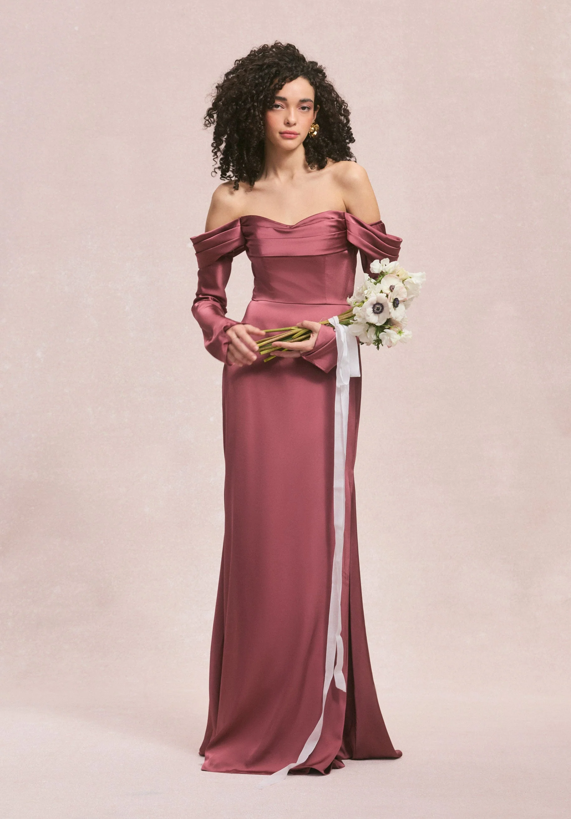 Draped Sweetheart Luxe Satin Bridesmaid Dress with Detachable Long Sleeves - Image 9