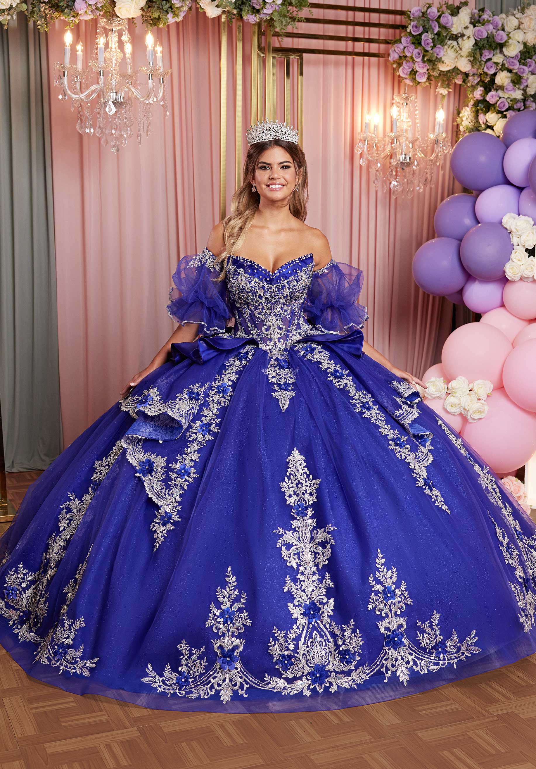 Embellished Appliqué Cat Eye Quinceañera Dress with Peplum Tiered Skirt - Image 5