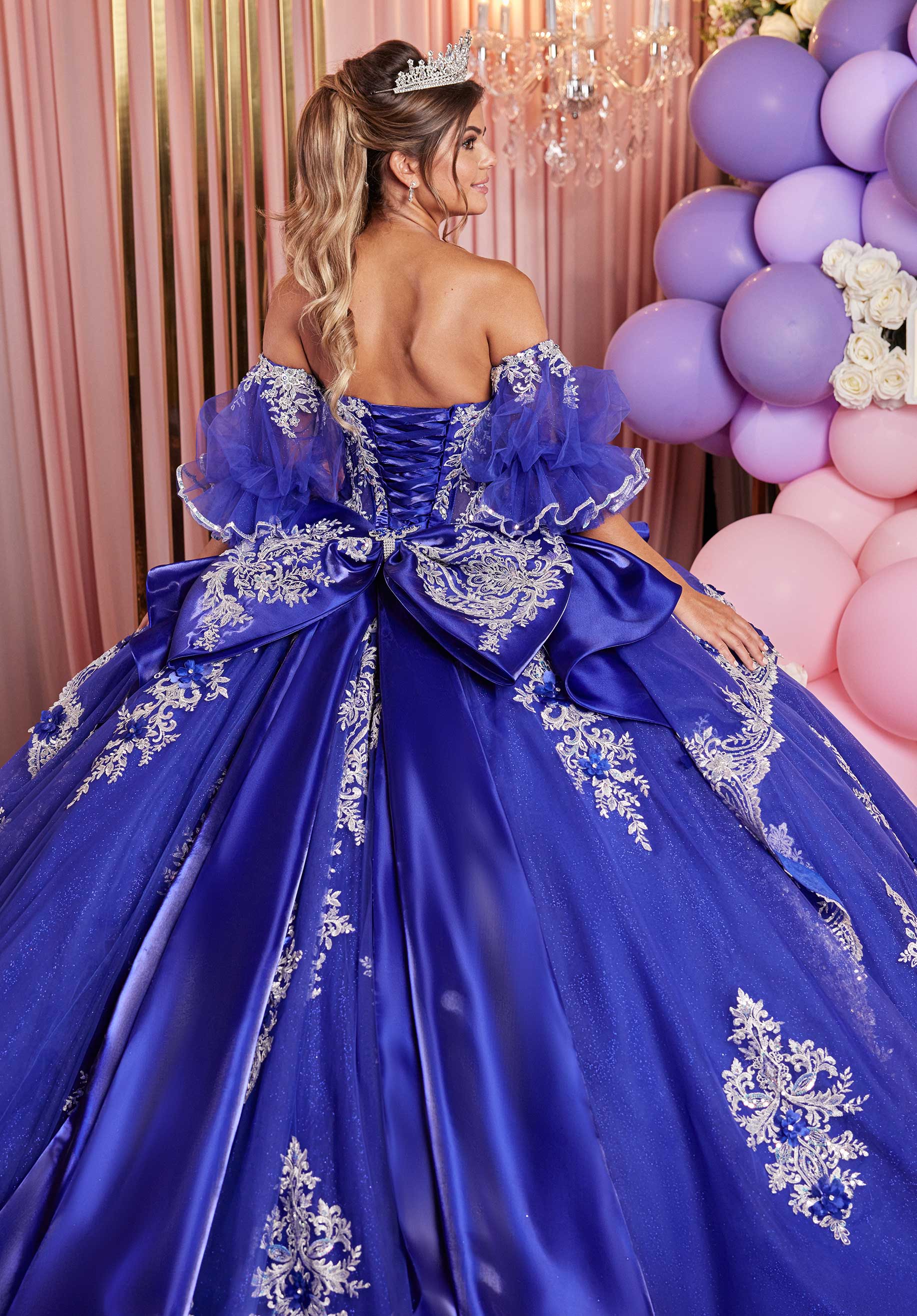 Embellished Appliqué Cat Eye Quinceañera Dress with Peplum Tiered Skirt - Image 8