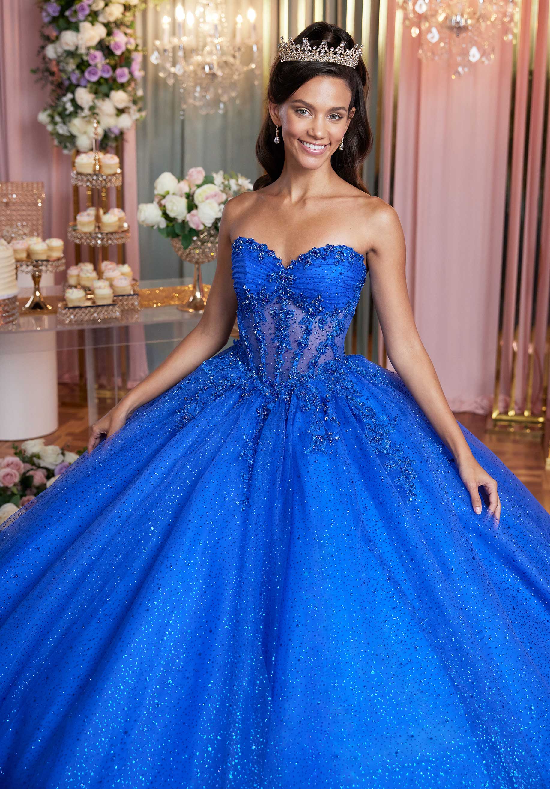 Embellished Lace and Glitter Tulle Quinceañera Dress with Tiered Ruffle Back - Image 4