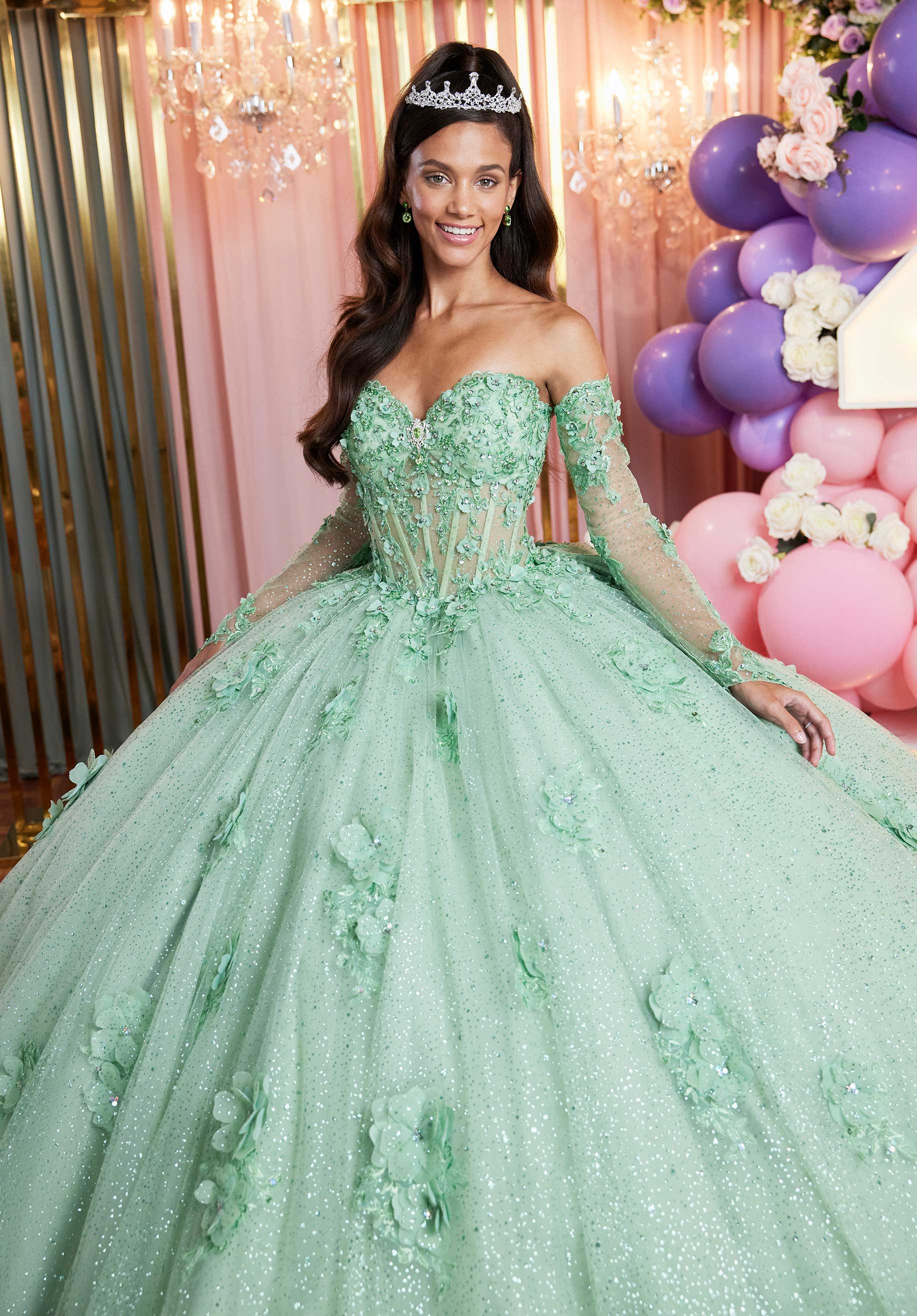 Embroidered and Three Dimensional Floral Appliquéd Glitter Tulle Quinceañera Dress - Image 6